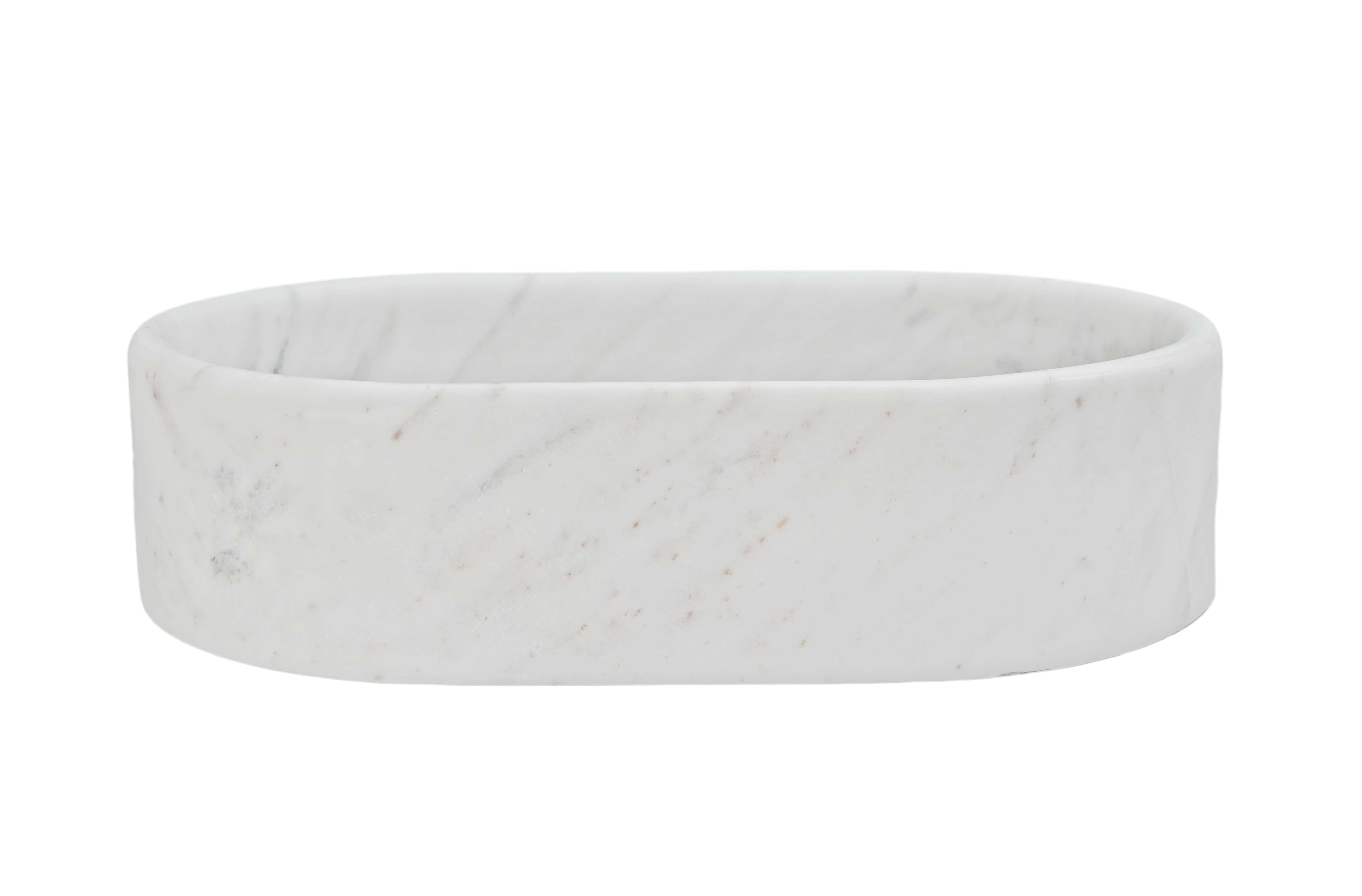 Side profile of Snow Mountain White marble oval vessel sink, honed matte surface, 150mm total height with 25mm wall thickness, faint gray and warm veining.