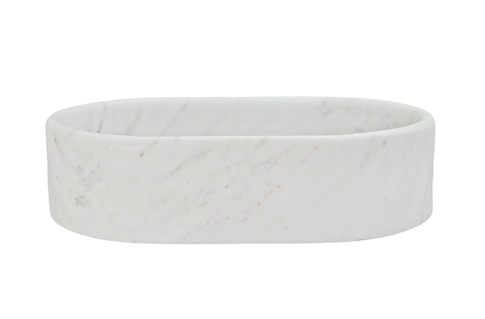 Side profile of Snow Mountain White marble oval vessel sink, honed matte surface, 150mm total height with 25mm wall thickness, faint gray and warm veining.