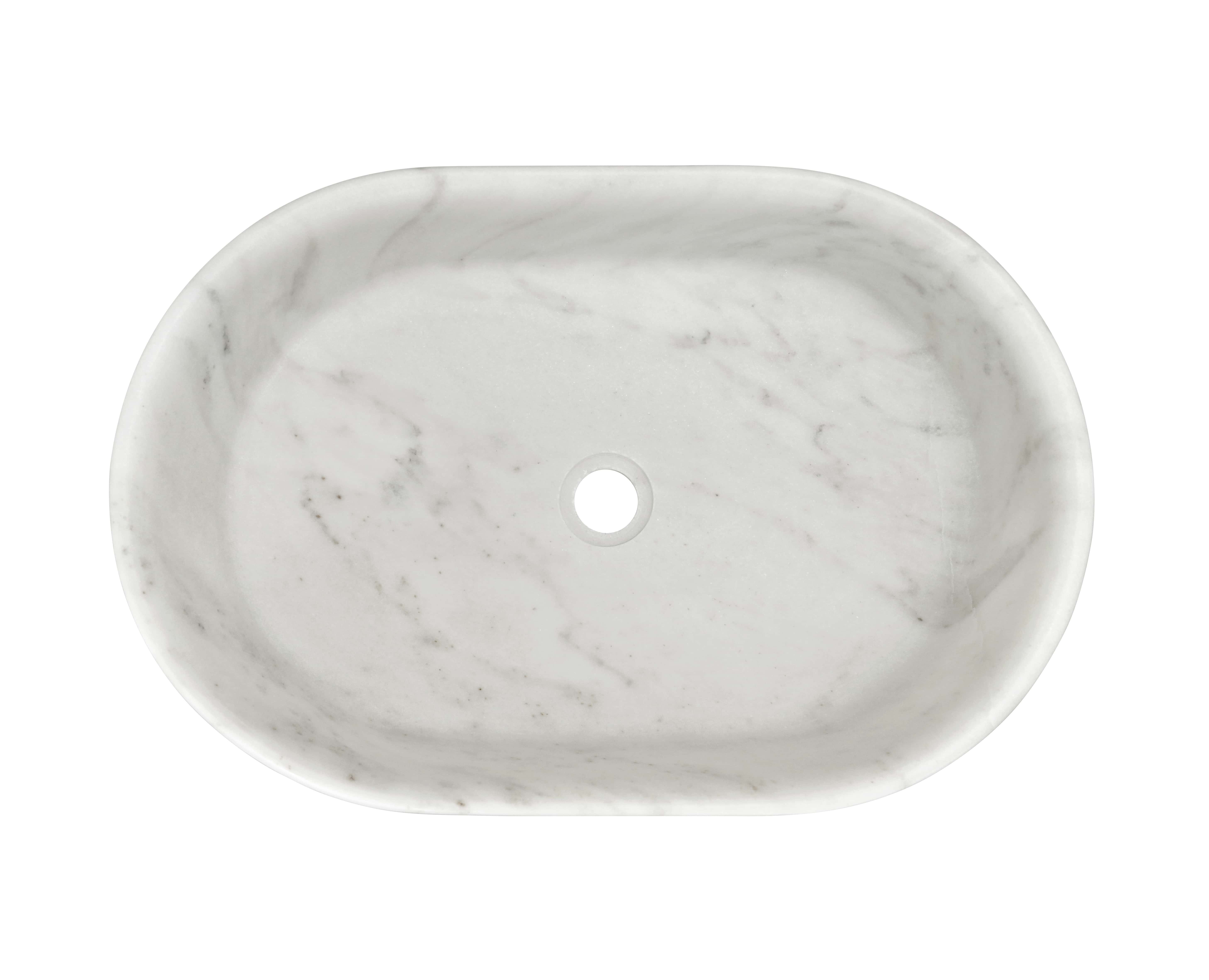 Top view of Snow Mountain White marble oval vessel sink, honed finish, 550x350mm interior basin, 45mm center drain hole, gray crossing veins on white stone.
