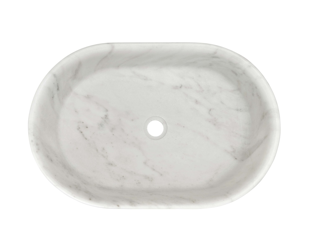 Top view of Snow Mountain White marble oval vessel sink, honed finish, 550x350mm interior basin, 45mm center drain hole, gray crossing veins on white stone.