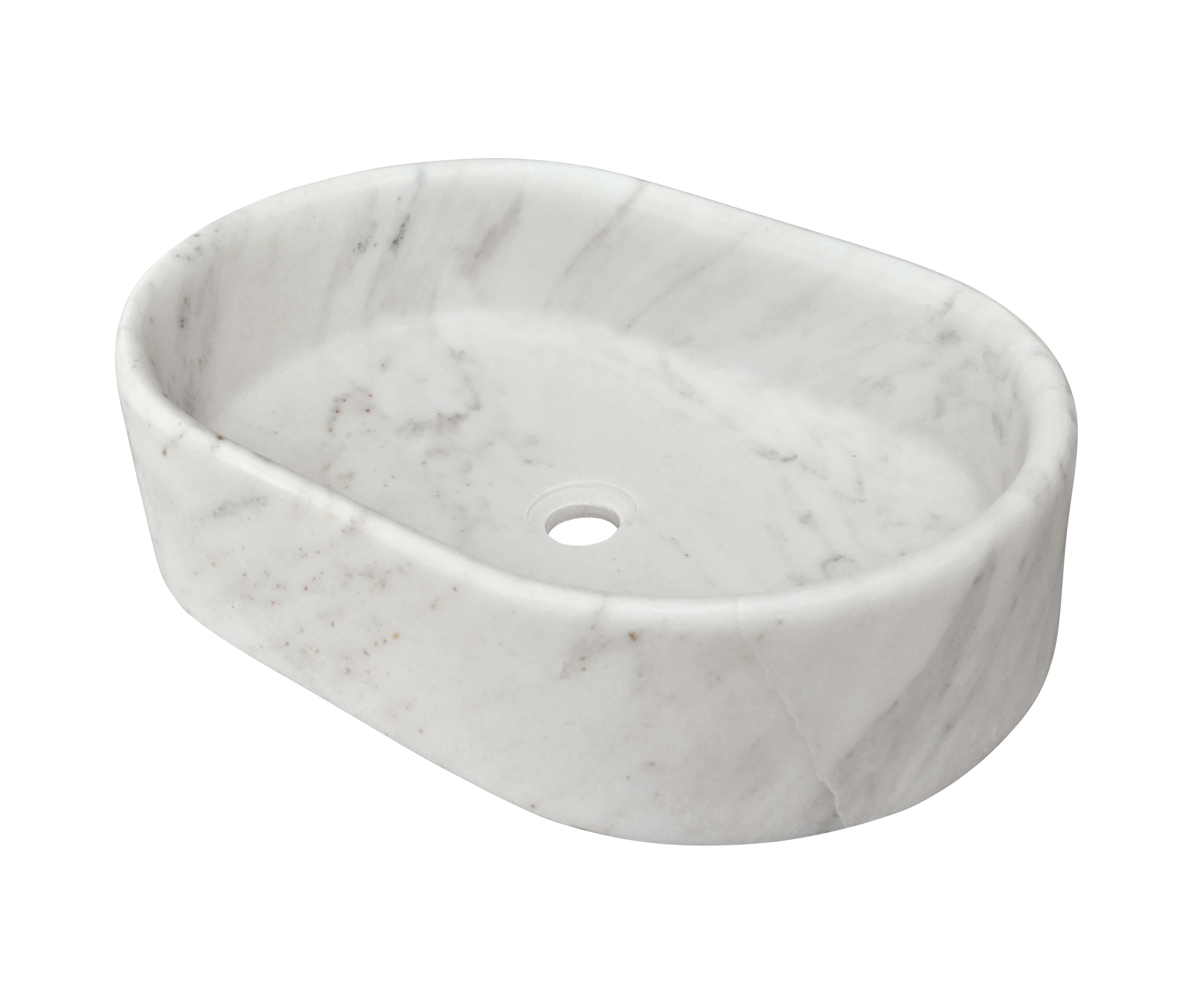 Snow Mountain White marble oval vessel sink with pronounced gray radial veining and natural fissure line, honed finish, raised three-quarter view of basin interior.