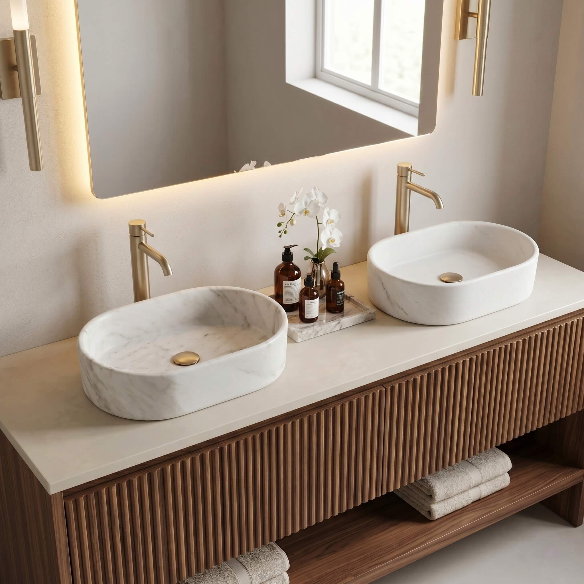 Two Snow Mountain White marble oval vessel sinks on a fluted walnut vanity with gold faucets, amber bottles and orchid in a warm modern luxe bathroom.