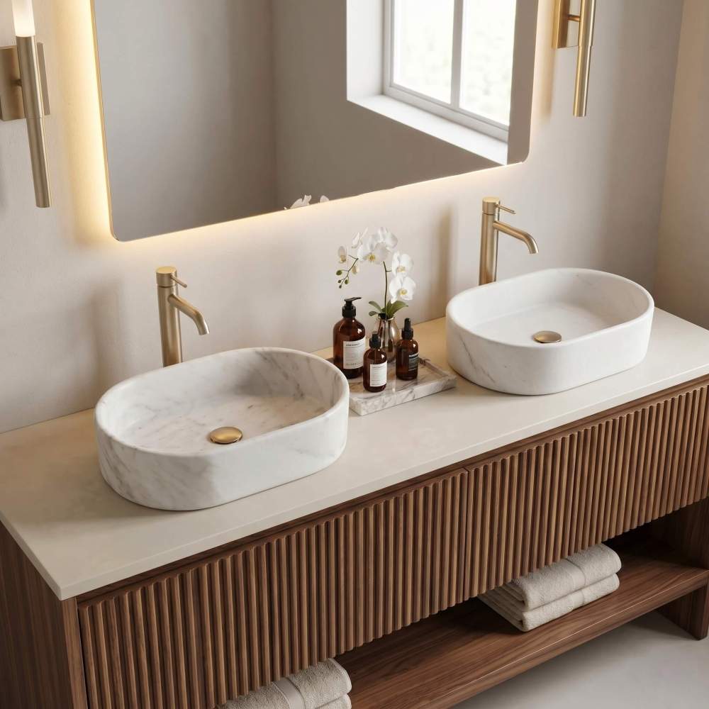 Two Snow Mountain White marble oval vessel sinks on a fluted walnut vanity with gold faucets, amber bottles and orchid in a warm modern luxe bathroom.