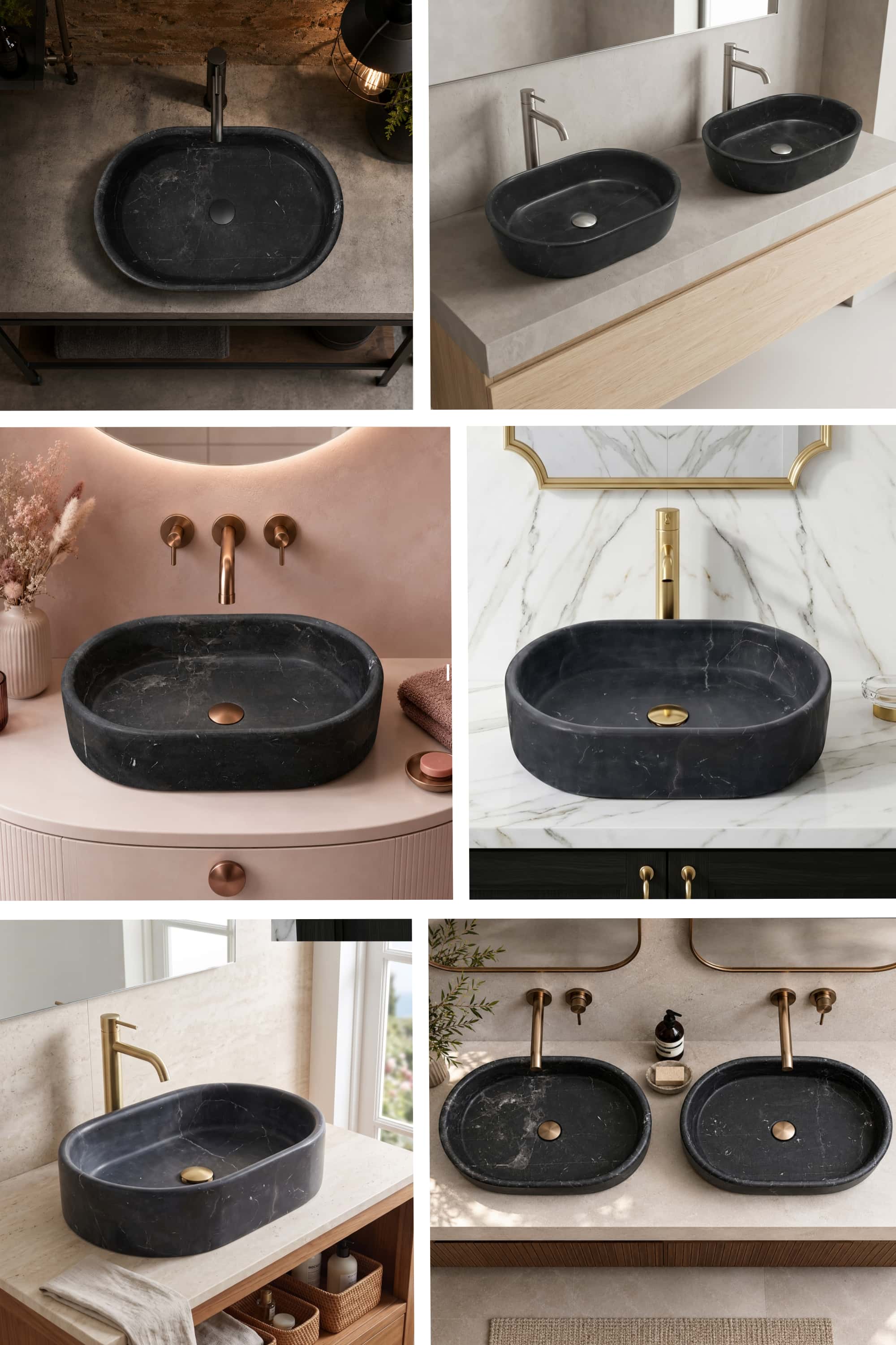 Collage of an Olive Black marble oval vessel sink styled across six bathroom looks, from industrial to coastal and glam interiors.