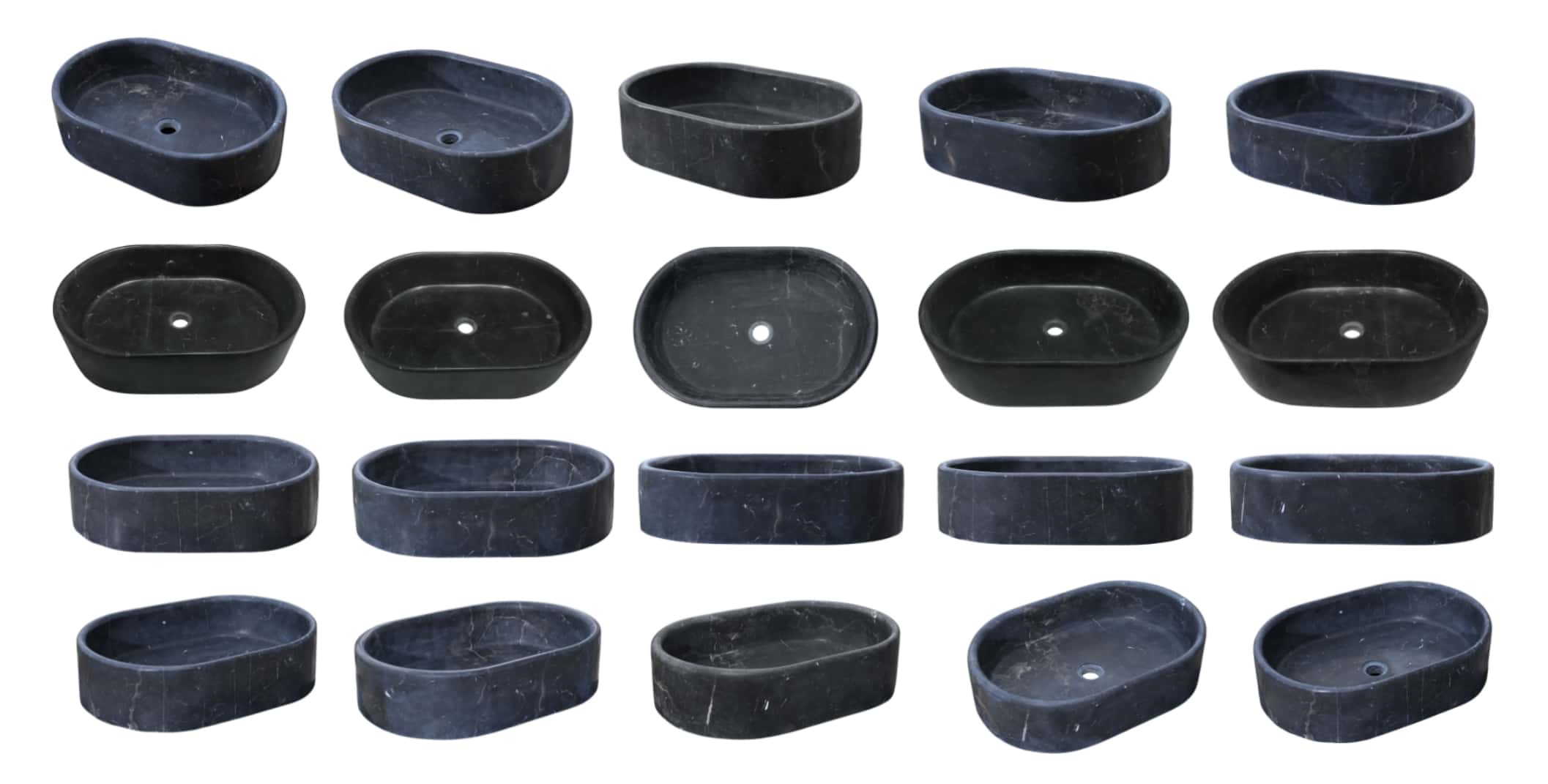 Twenty Olive Black marble oval vessel sinks at varied angles, showing the natural veining and color variation of each piece.