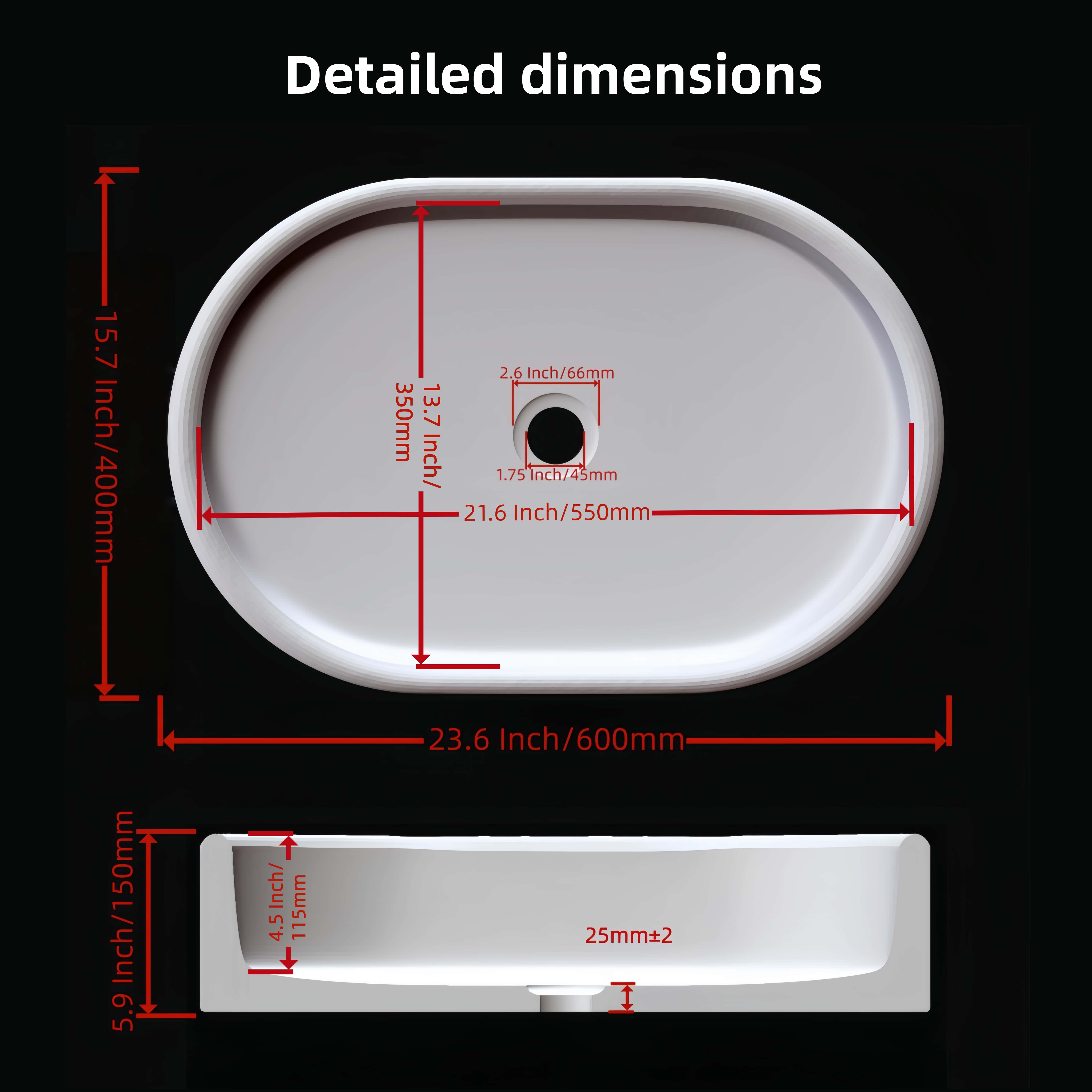 Dimension diagram of Olive Black marble oval vessel sink: 600x400mm footprint, 115mm basin depth, 45mm drain, 25mm walls.