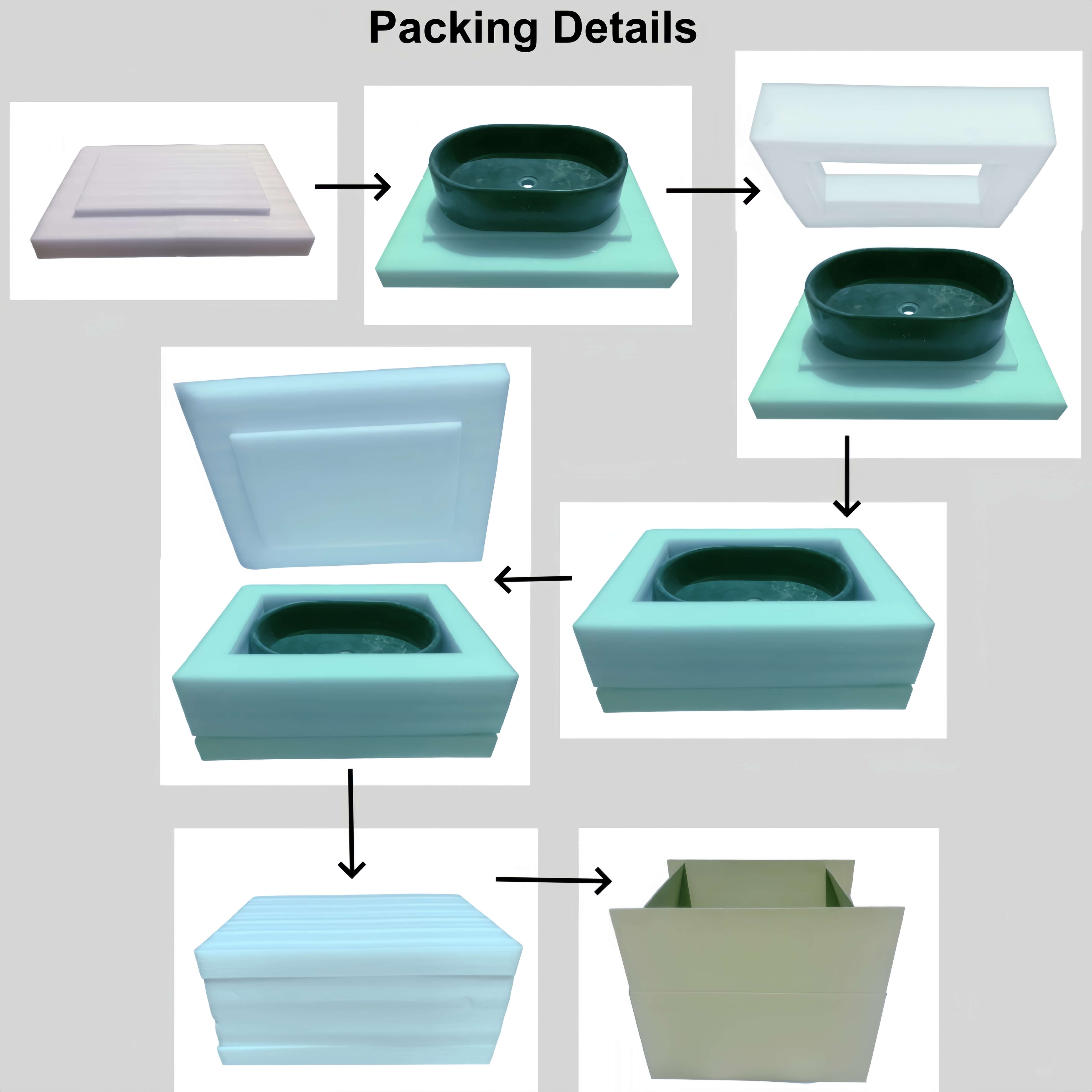 Protective foam-mold packaging for an Olive Black marble vessel sink, encasing the basin before its boxed carton shipment.