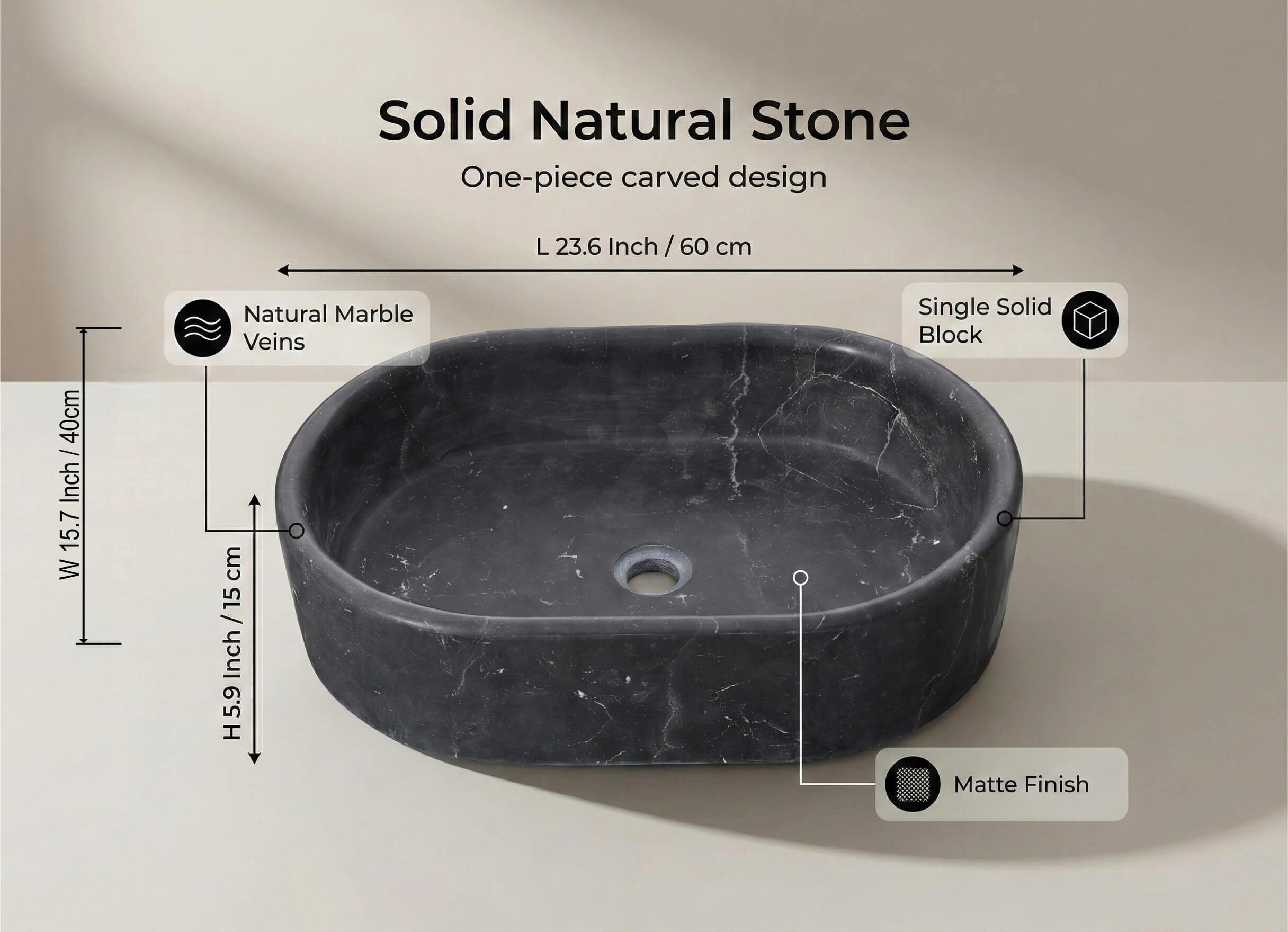 Olive Black marble oval vessel sink spec graphic, 60 by 40cm carved from a single solid block with a matte honed finish.
