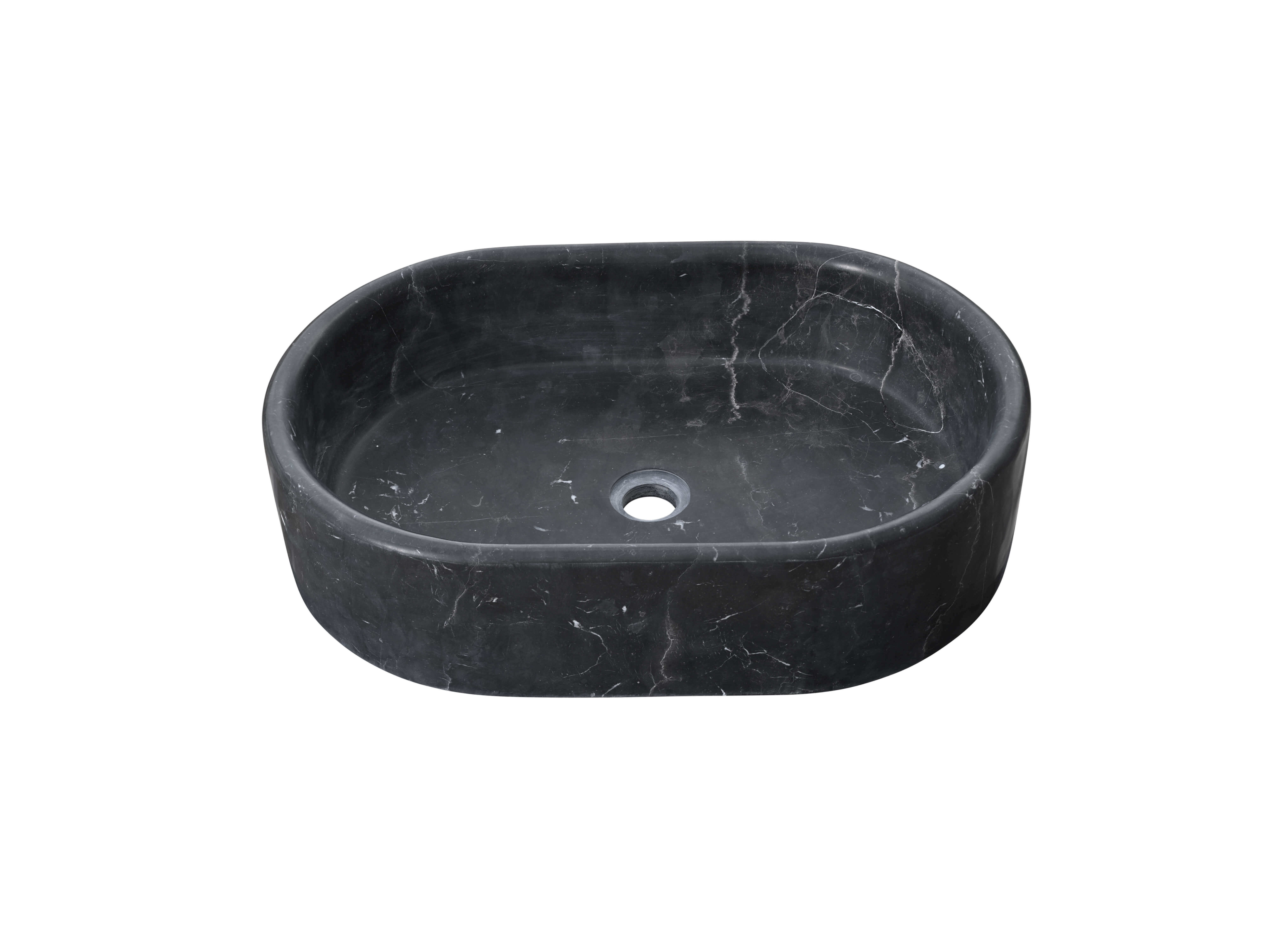 Olive Black marble oval vessel sink with honed matte finish, front angle showing the center drain and soft white veining.