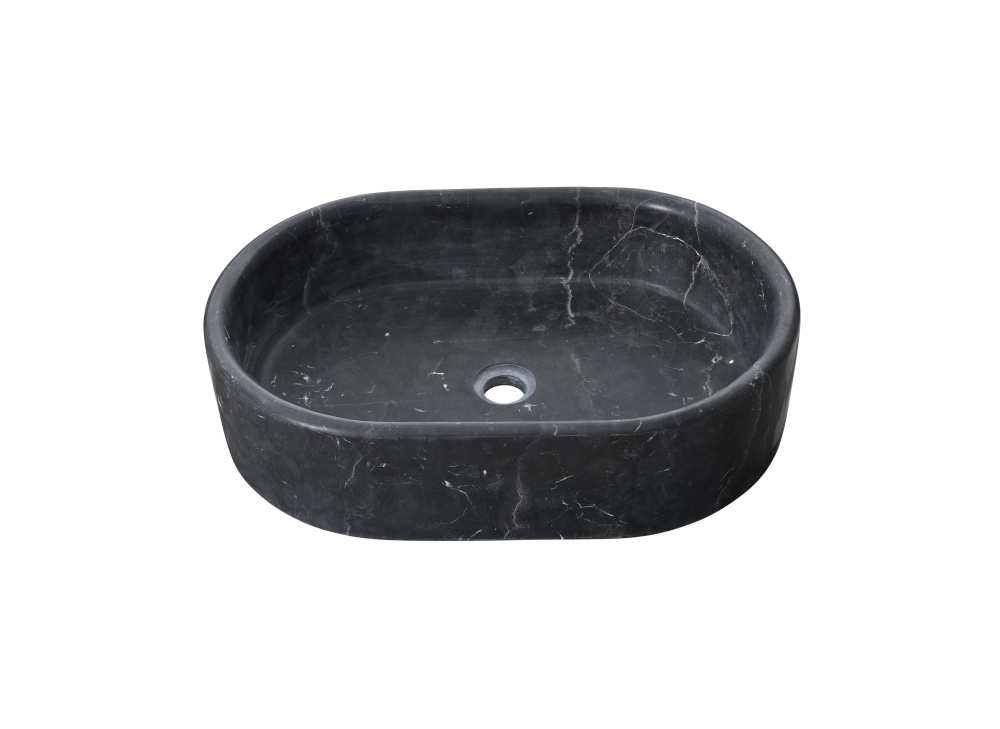 Olive Black marble oval vessel sink with honed matte finish, front angle showing the center drain and soft white veining.