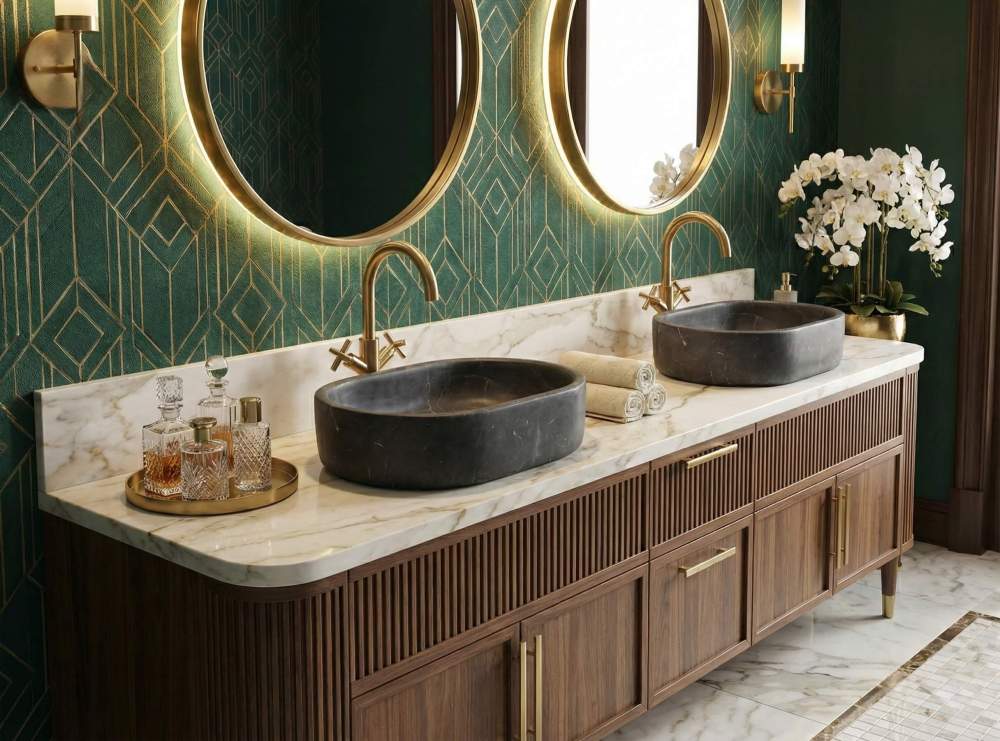 Two Olive Black marble oval vessel sinks on a walnut fluted vanity in an Art Deco bathroom with green walls and gold mirrors.