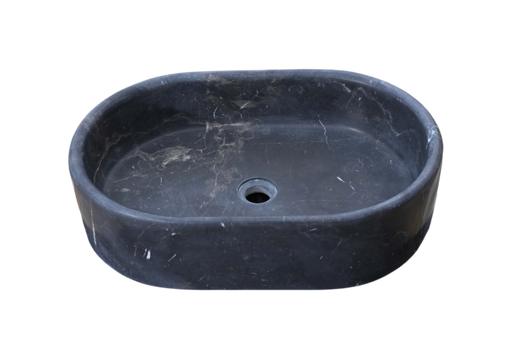 Honed Olive Black marble vessel sink interior, oval basin floor with tan mineral inclusions and gray veining near the drain.
