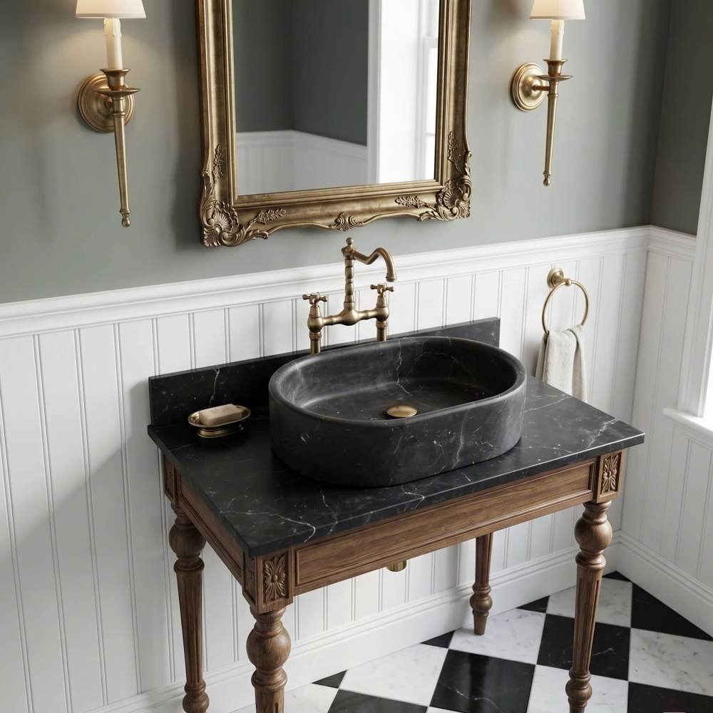 An Olive Black marble oval vessel sink on a black stone top with a gilded mirror and checkerboard floor in a traditional bath.