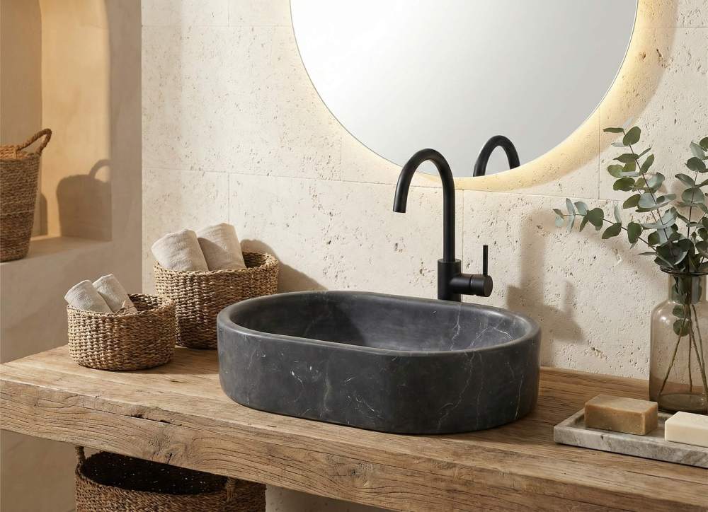 An Olive Black marble oval vessel sink on a reclaimed wood vanity in a Mediterranean bathroom with travertine walls and baskets.