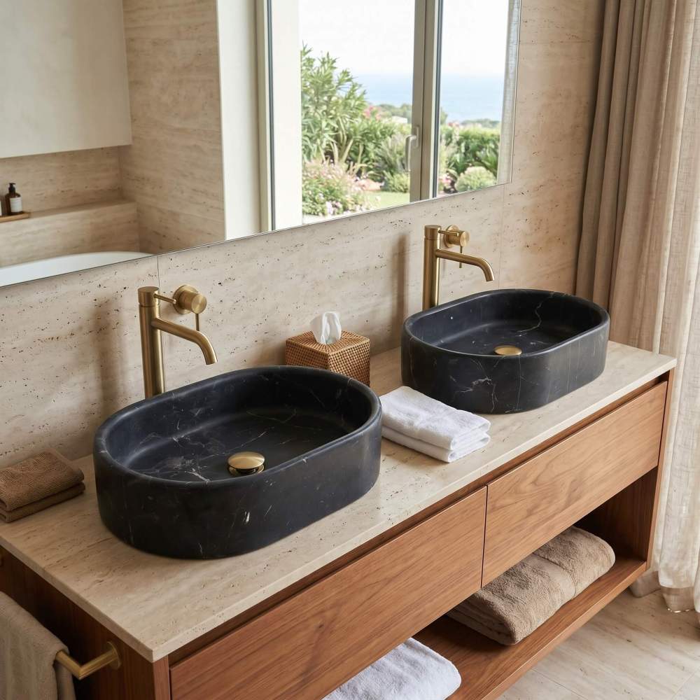Olive Black marble oval vessel sinks on a travertine counter in a coastal bathroom with an ocean-view window and gold faucets.