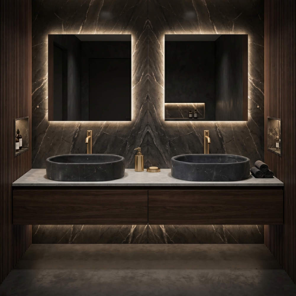 Two Olive Black marble oval vessel sinks on a light stone counter in a moody dark bathroom with walnut vanity and brass taps.