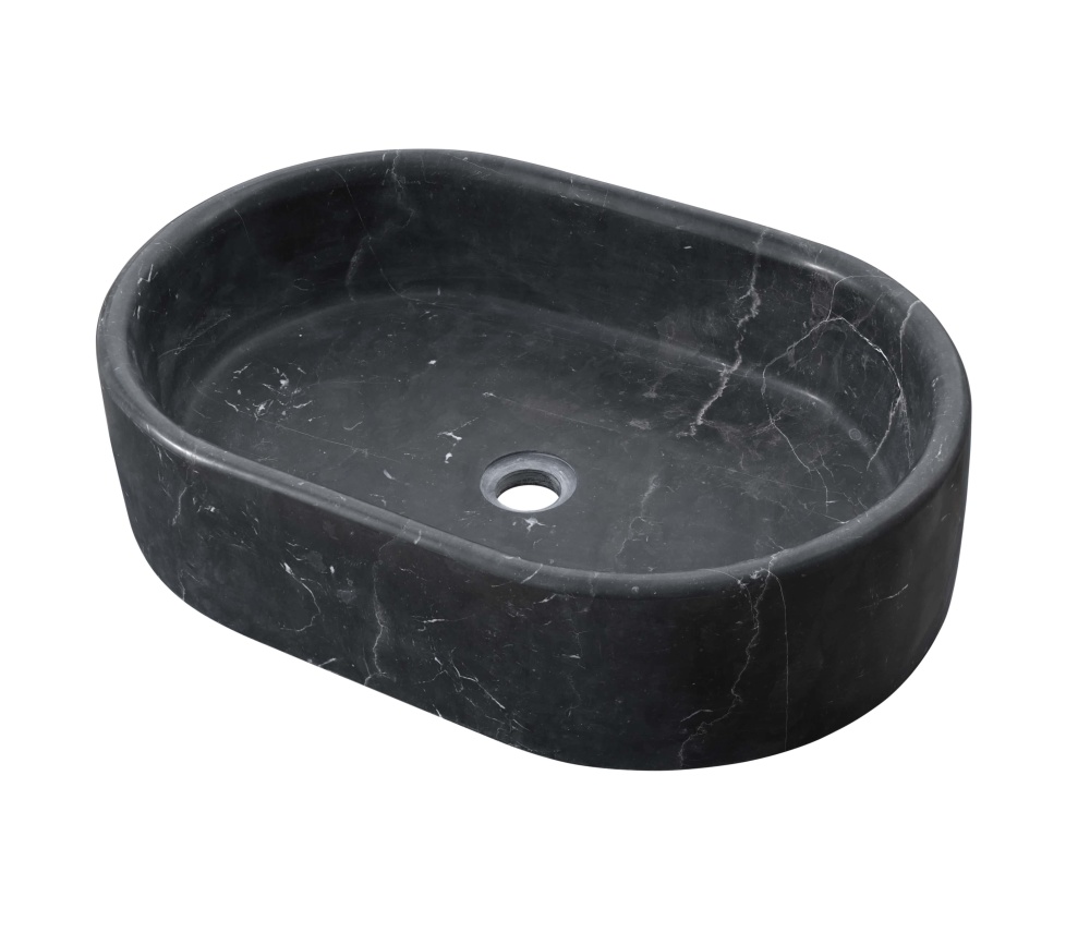 Above-counter Olive Black marble oval sink, honed finish, elevated angle showing white veining branching across the basin.