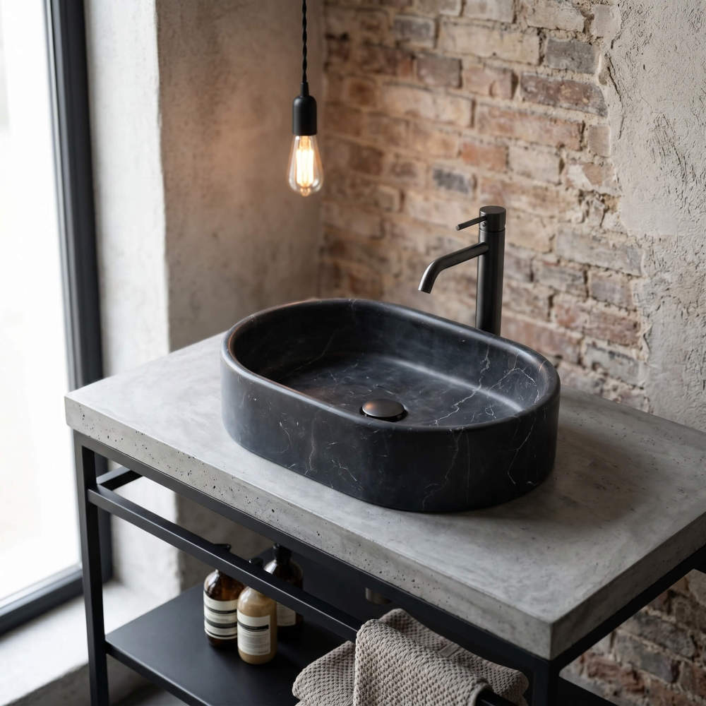 An Olive Black marble oval vessel sink on a concrete top in an industrial bathroom with exposed brick and an Edison pendant.