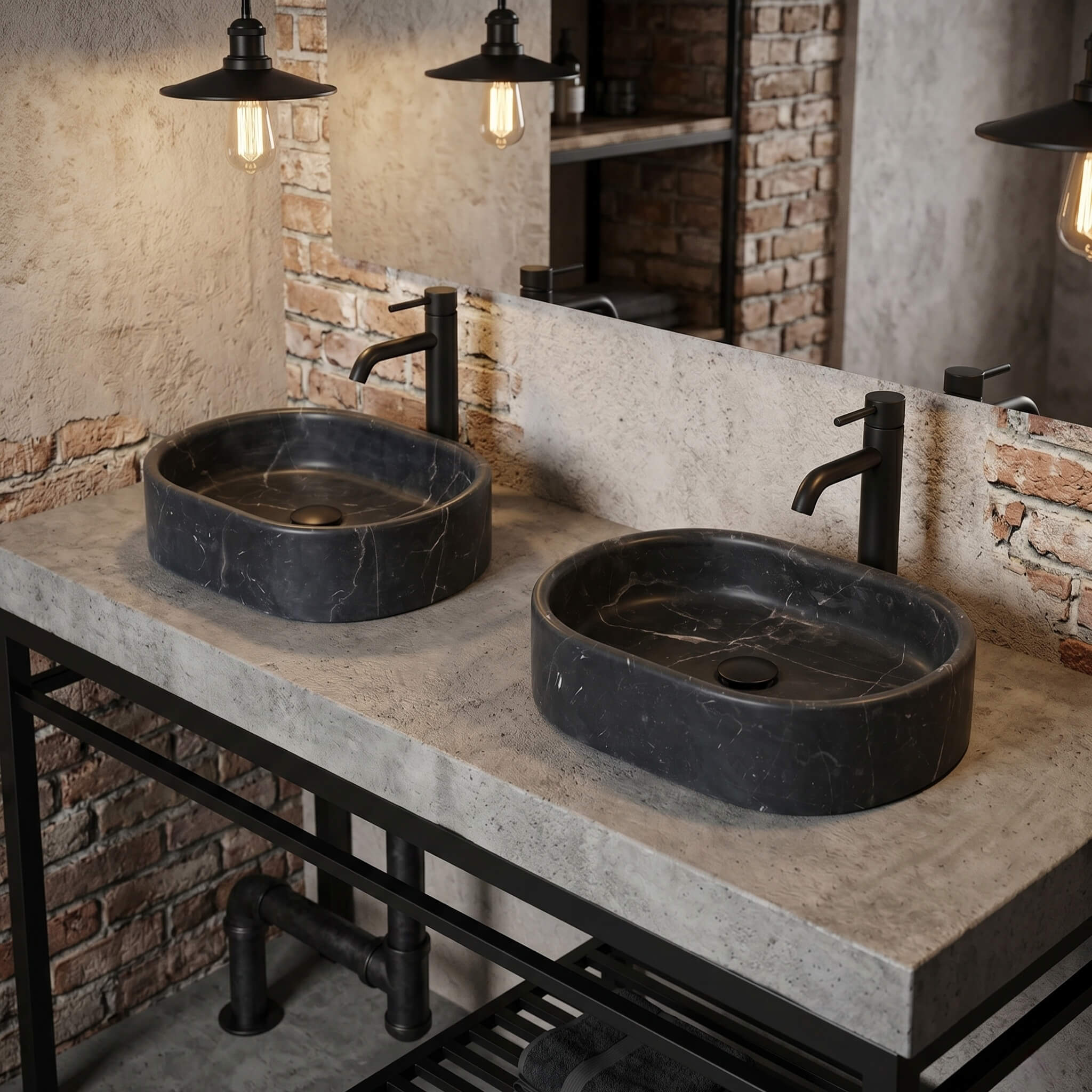 Two Olive Black marble oval vessel sinks on a concrete top in an industrial loft bathroom with exposed brick and black faucets.