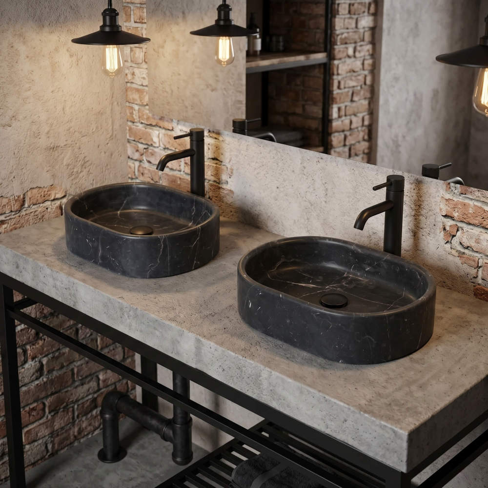 Two Olive Black marble oval vessel sinks on a concrete top in an industrial loft bathroom with exposed brick and black faucets.