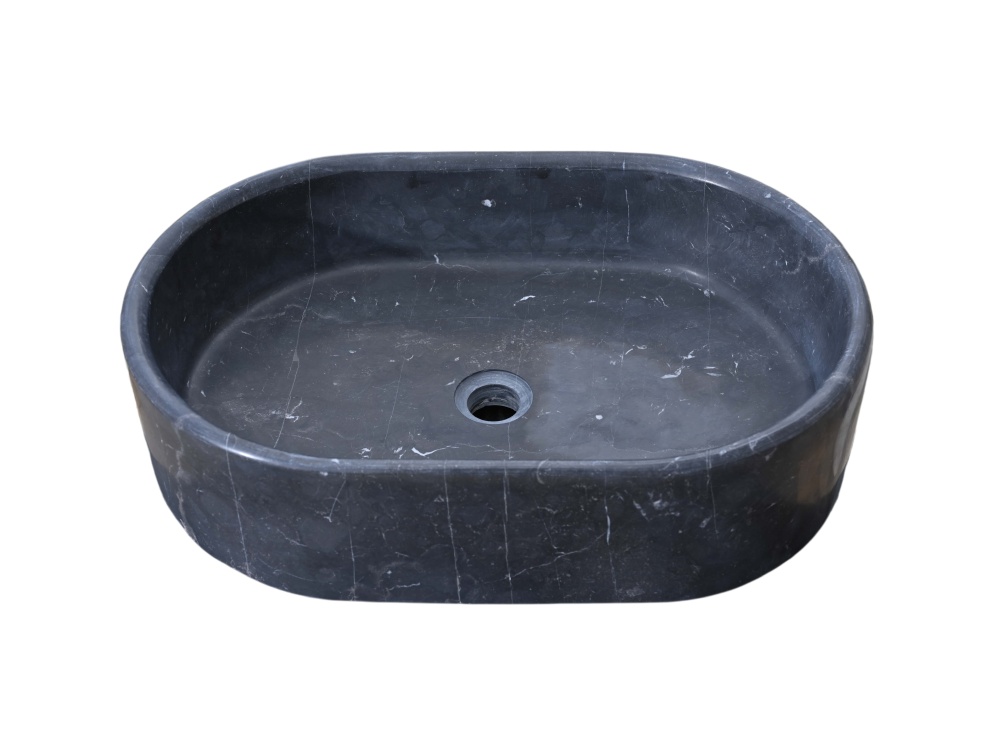 Oval Olive Black marble vessel basin with non-reflective honed surface, fine white veins and a recessed center drain bore.