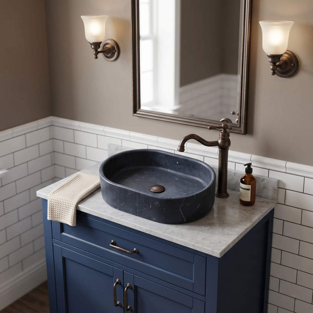 An Olive Black marble oval vessel sink on a navy blue vanity with white marble top and subway tile in a traditional bath.