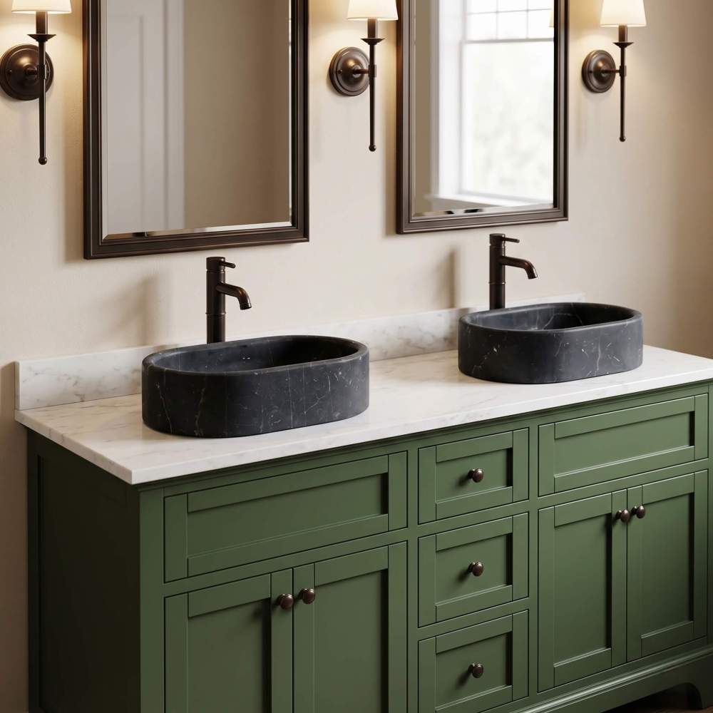 Two Olive Black marble oval vessel sinks on a white marble top over a sage green shaker vanity with bronze-framed mirrors.