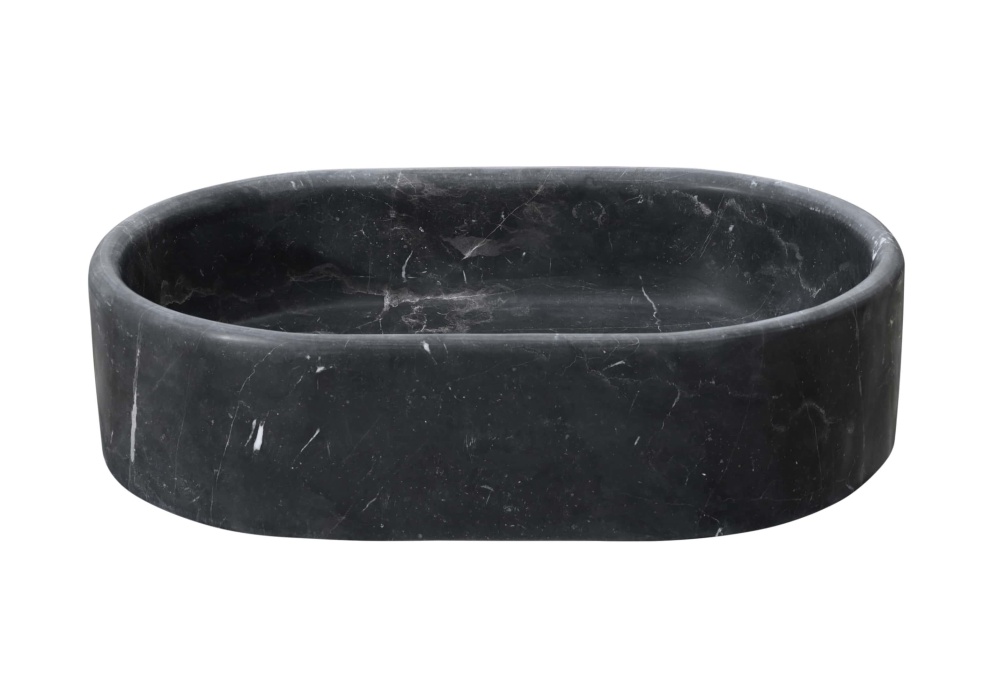 Side profile of an Olive Black marble oval vessel sink, honed exterior wall, 150mm overall height with a softly rounded rim.