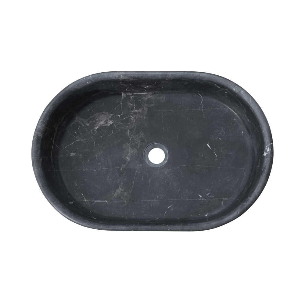 Top-down view of an Olive Black marble oval vessel sink, 600 by 400mm, honed finish, center drain framed by white veining.