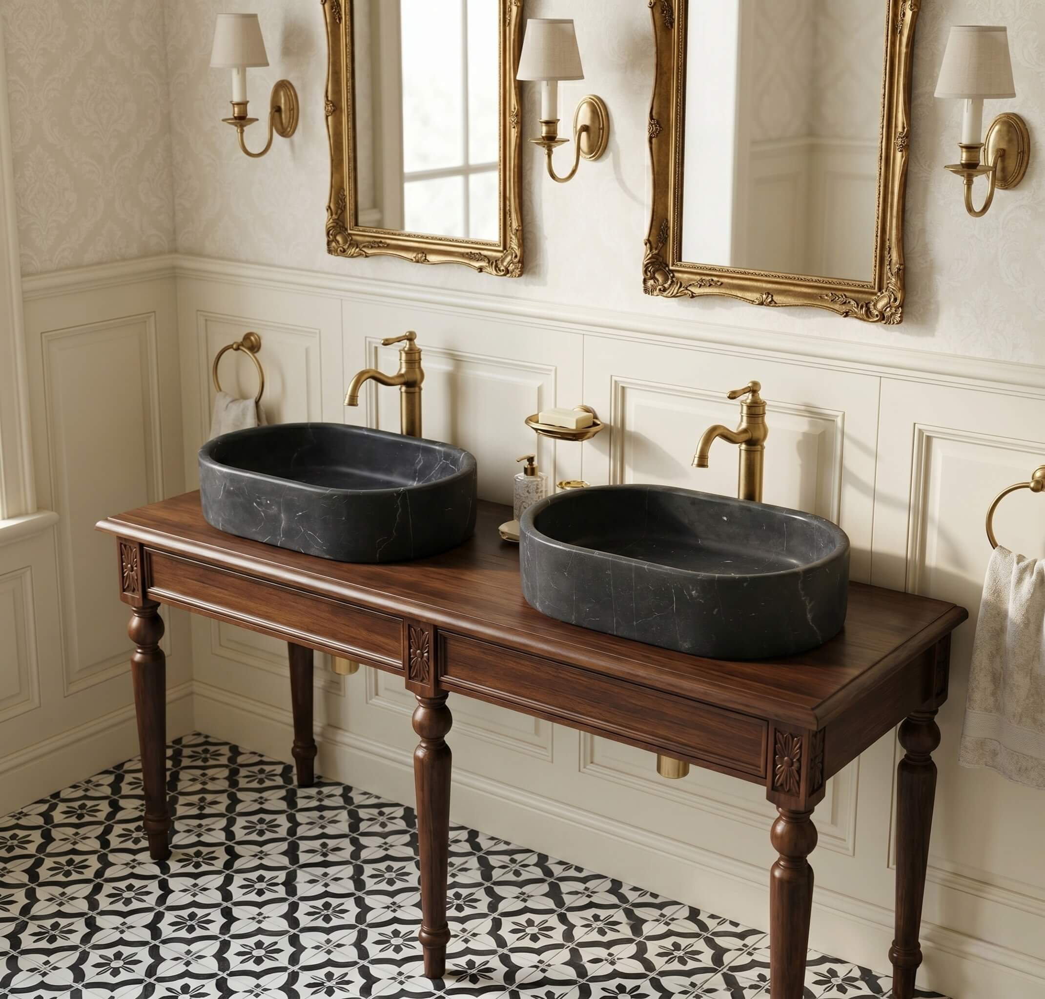 Two Olive Black marble oval vessel sinks on a dark wood console in a traditional bathroom with gilded mirrors and brass taps.