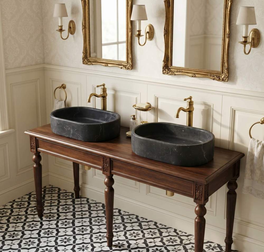 Two Olive Black marble oval vessel sinks on a dark wood console in a traditional bathroom with gilded mirrors and brass taps.