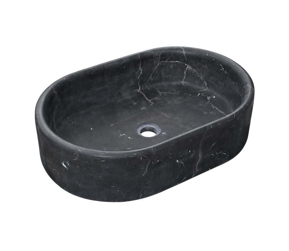Olive Black natural marble oval vessel sink, honed matte basin with bold white veining and a pale gray cloud near the rim.