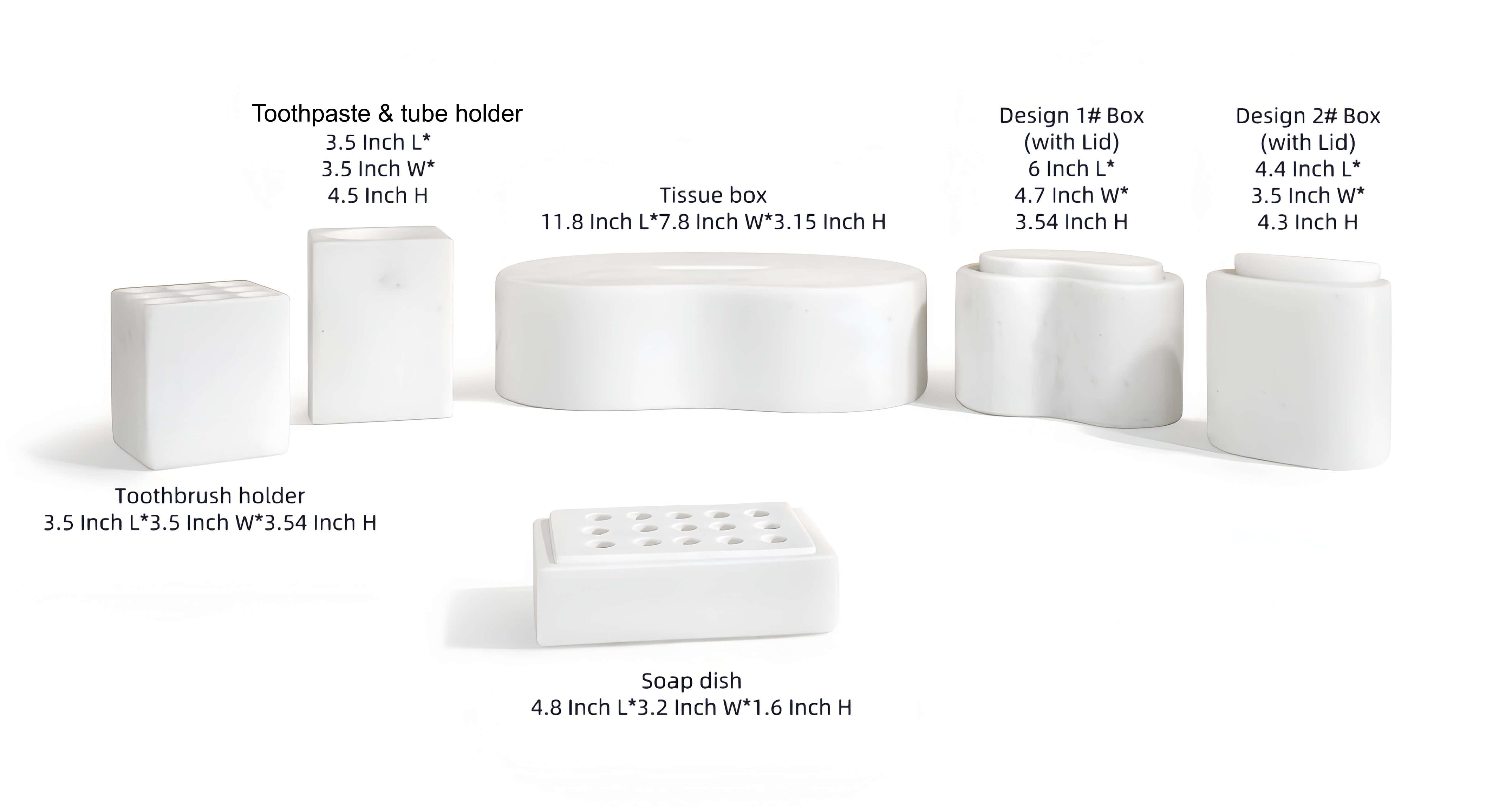 Exact dimensions guide for the 6-piece Snow Mountain White marble bathroom set, detailing sizes for the tissue box, rectangular soap dish, and decorative boxes.