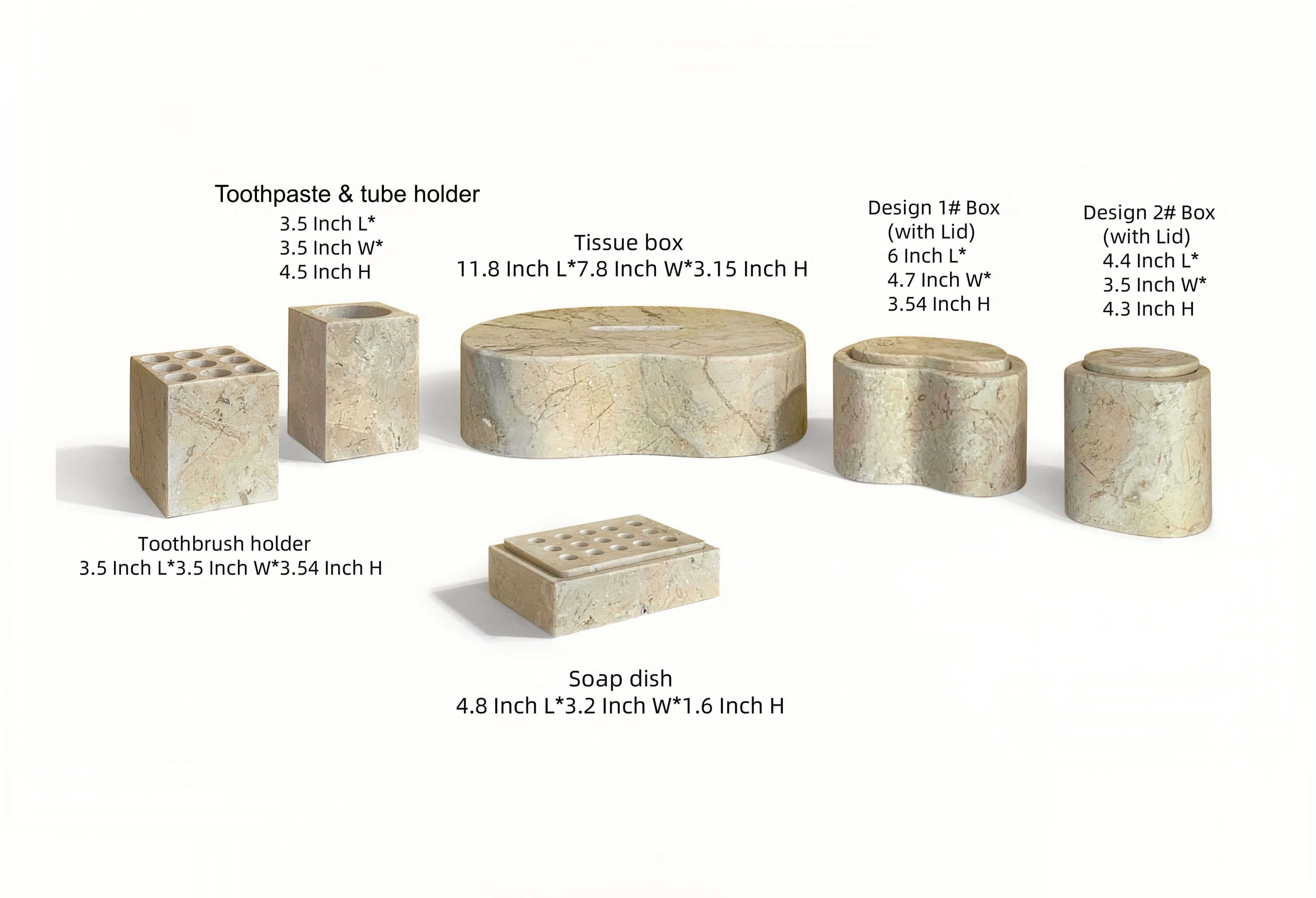 Detailed dimension guide for the Hyatt Gold 6-piece natural marble bathroom vanity set. Includes exact sizes for the tissue box, soap dish, toothbrush holders, and decorative lidded boxes.