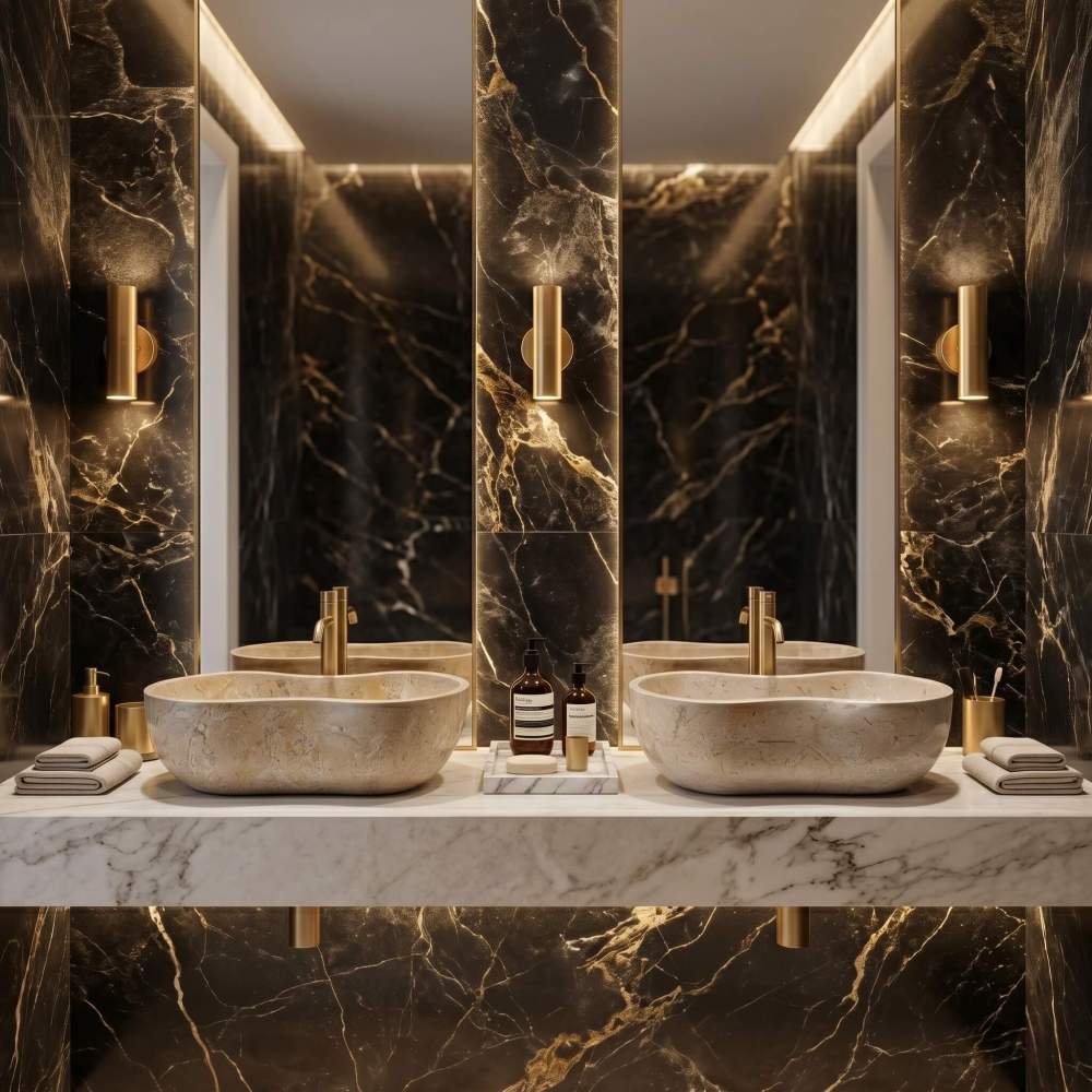 Two Hyatt Gold natural marble Wave vessel sinks on a white counter against black-and-gold veined marble walls, brass faucets, glamorous dark bathroom.
