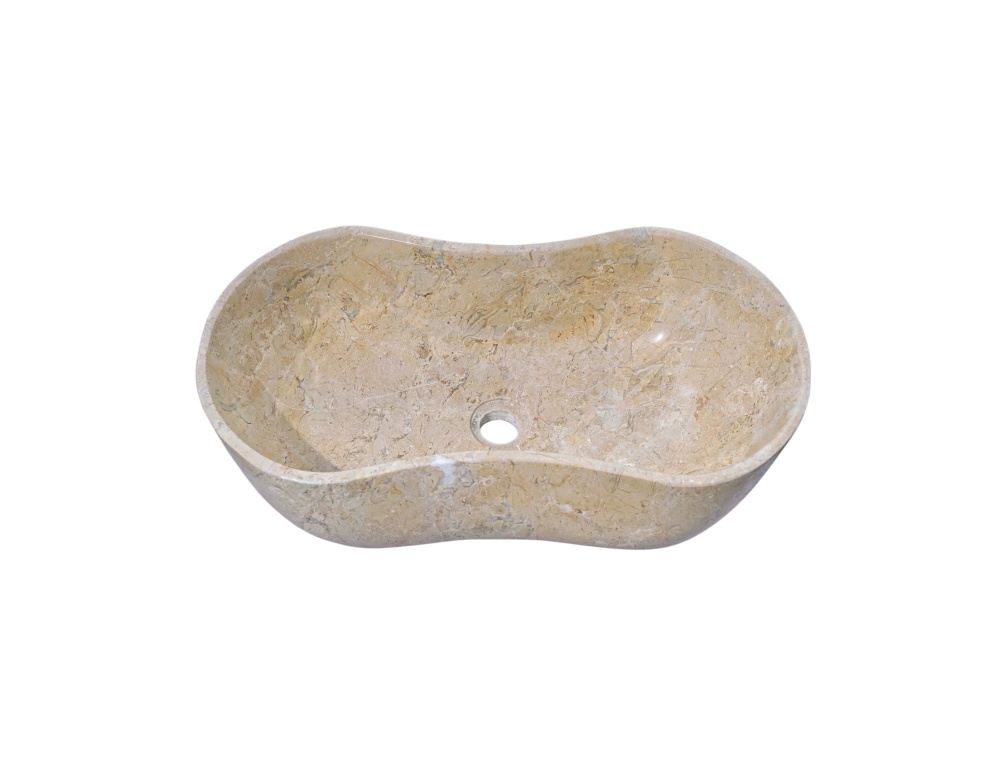 Hyatt Gold natural marble Wave vessel sink, polished honey-beige basin with center drain hole, elevated angle showing gold and tan veining.