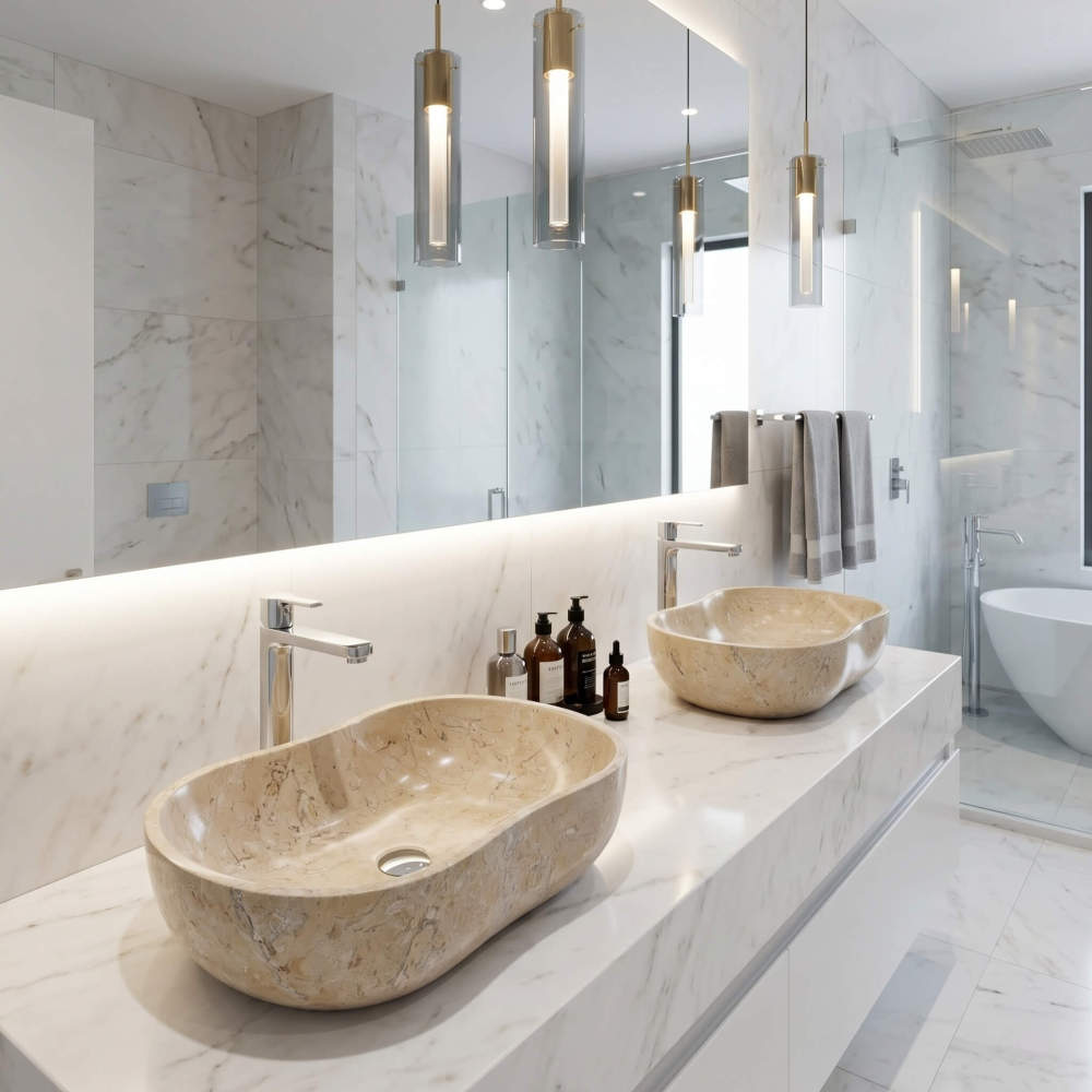 Two Hyatt Gold natural marble Wave vessel sinks on a white marble vanity, chrome tall faucets and glass pendants, bright modern bathroom.