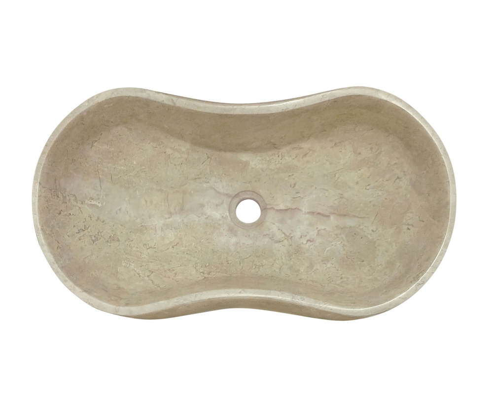 Overhead view of a lighter Hyatt Gold marble Wave vessel sink, polished cream-beige basin with single center drain opening and soft gray veining.