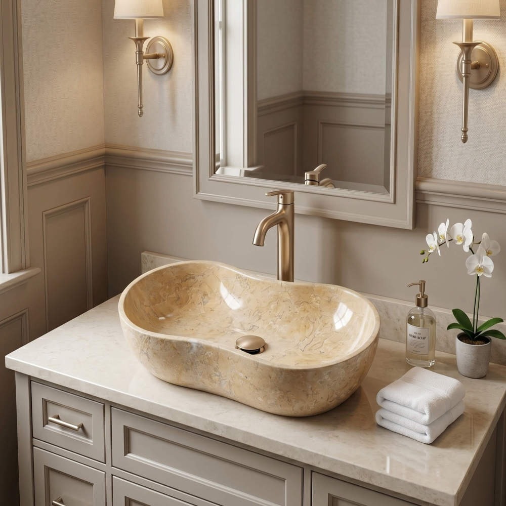 A Hyatt Gold natural marble Wave vessel sink on a cream stone counter with champagne-gold faucet and framed mirror, soft transitional bathroom.
