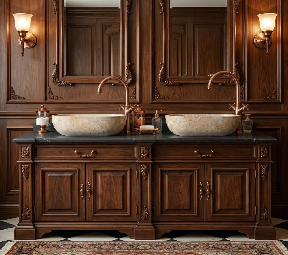 Two Hyatt Gold natural marble Wave vessel sinks on a dark stone counter against carved walnut paneling, rose-gold gooseneck faucets, Victorian bathroom.