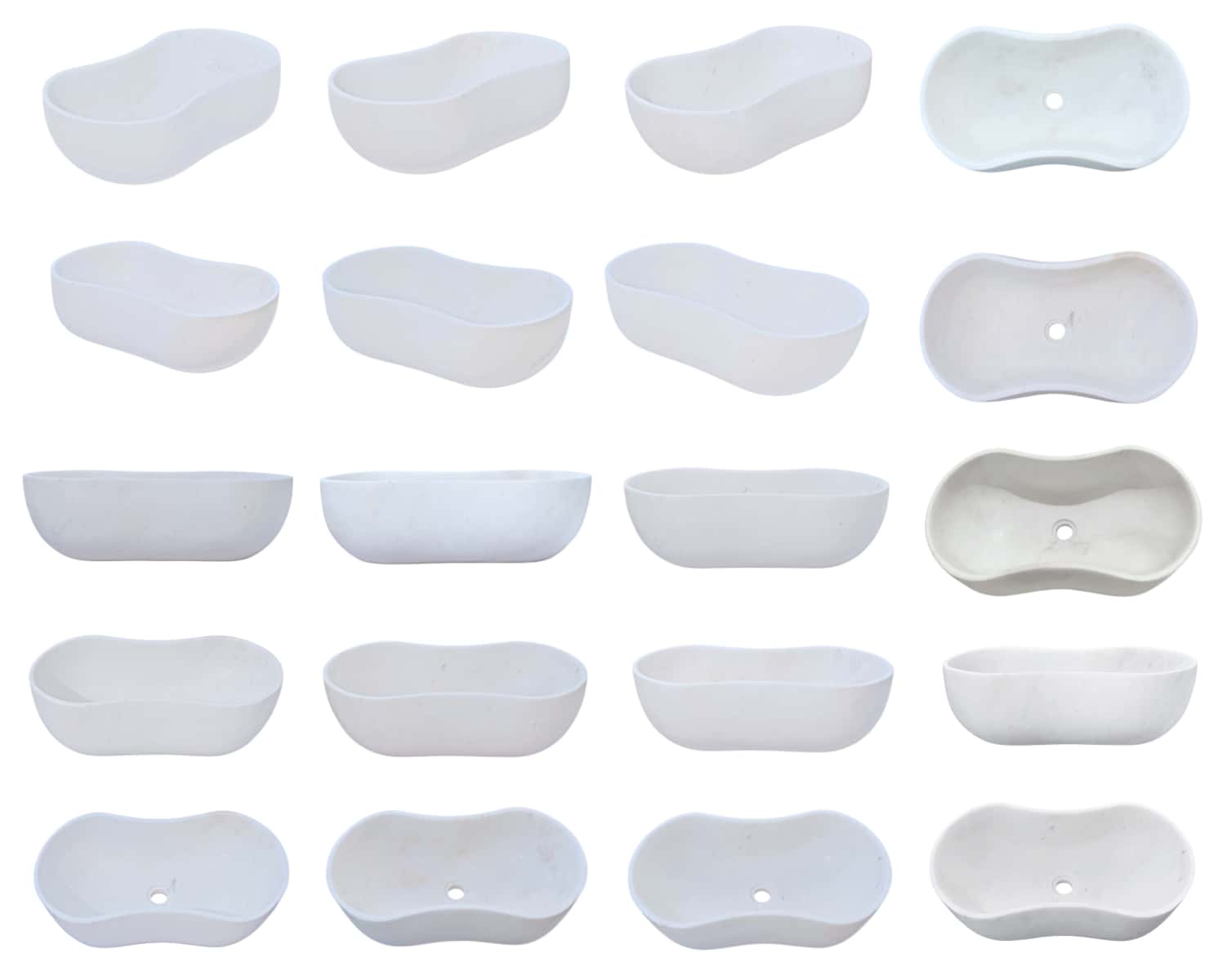Product matrix collage displaying 20 individual natural Snow Mountain White marble sinks from multiple angles, highlighting the unique organic veining variations inherent in each hand-selected stone piece.