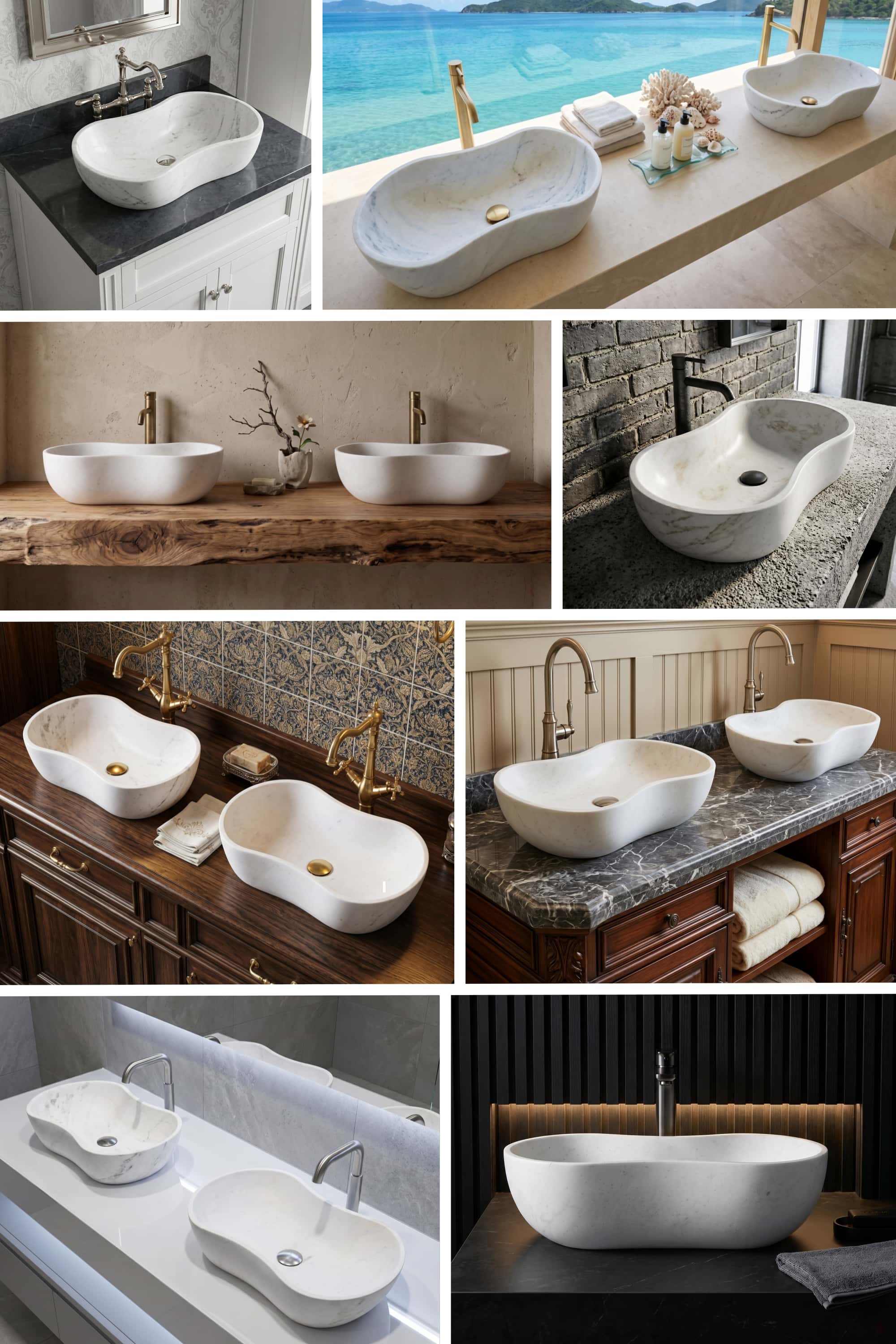 A product application matrix collage featuring 8 distinct lifestyle design scenes of the Snow Mountain White wavy marble vessel sink in single and double vanity layouts for master bathroom inspiration.