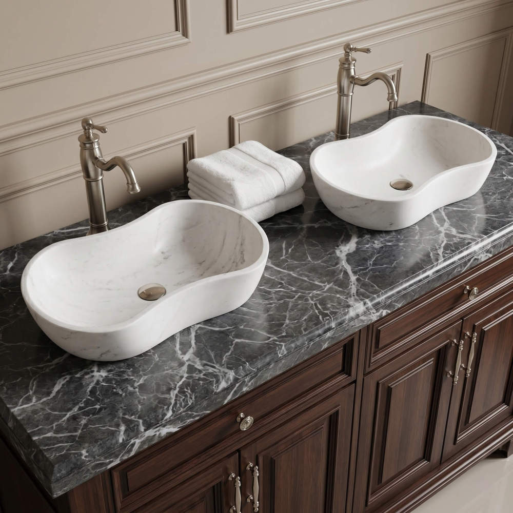 Two Snow Mountain White wavy marble vessel sinks with a honed finish installed on a dark gray veined marble vanity top with brushed nickel faucets in a classic American style master bathroom.