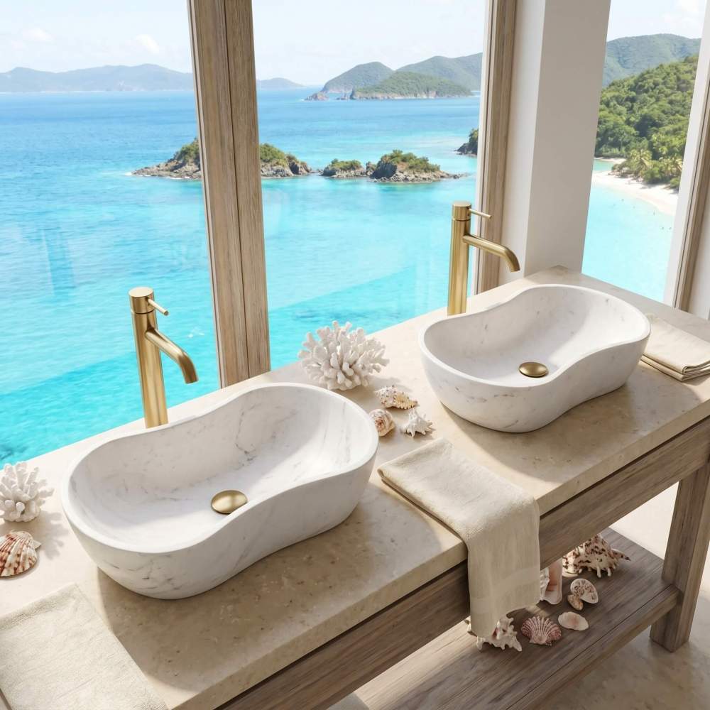 Luxury beachfront bathroom layout showcasing two white wavy marble vessel sinks on a beige travertine stone vanity, paired with brushed gold fixtures against a tropical ocean view window.