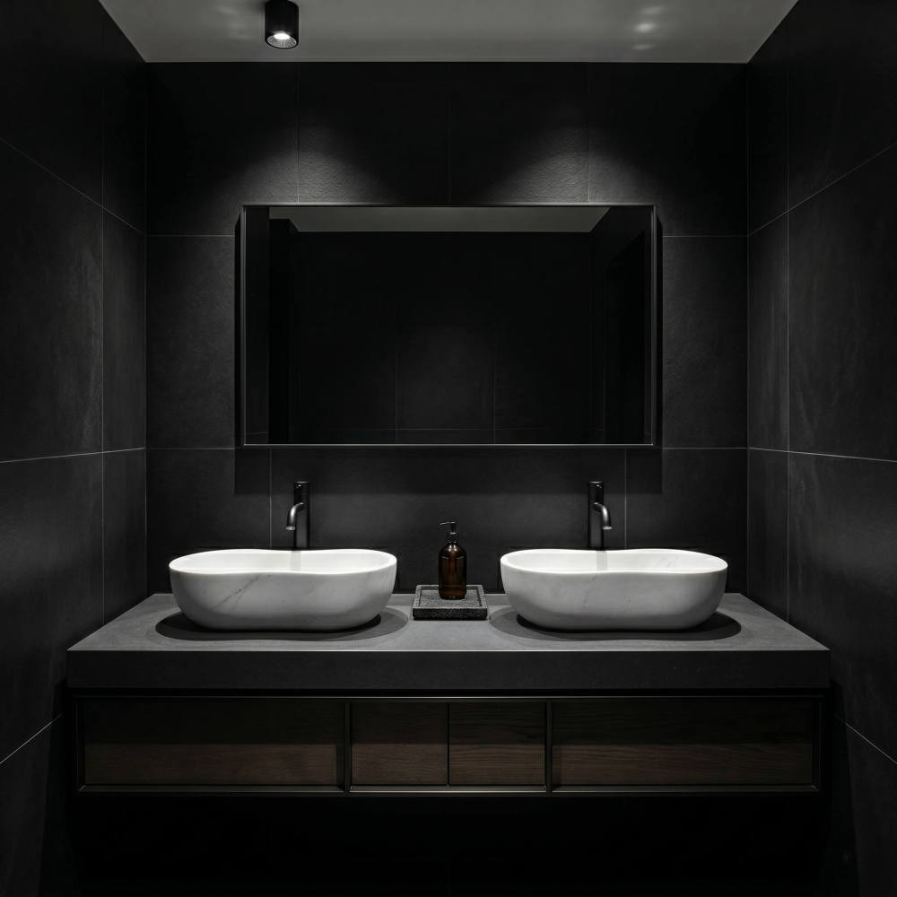Symmetrical layout of two white wavy marble vessel sinks on a thick dark grey concrete floating vanity with dark walnut drawers against a large-format matte black stone tile wall.