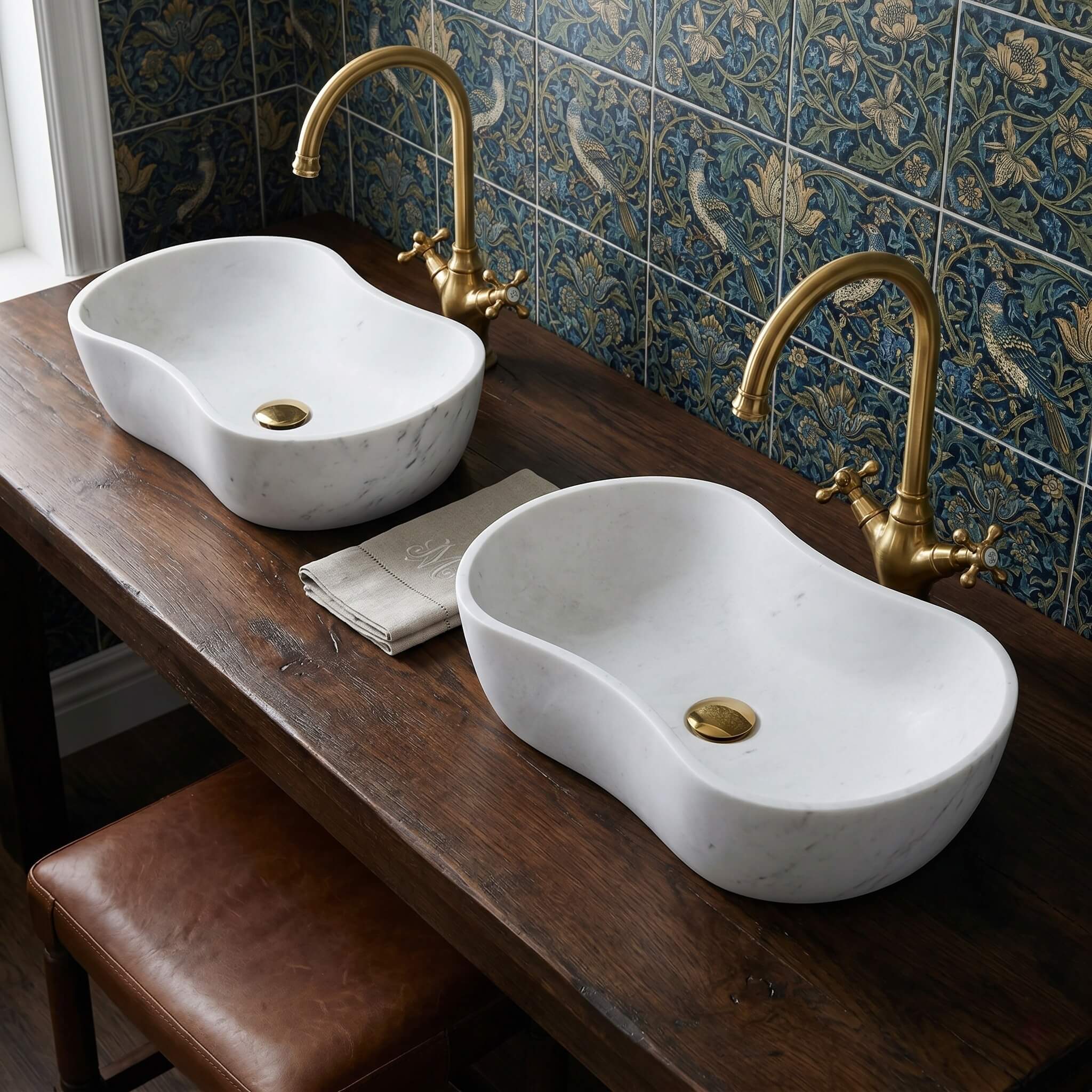 Two honed white marble wavy vessel sinks arranged on a thick rustic live-edge dark wood slab vanity top, accented by intricate teal and gold botanical patterned artisan wall tiles.