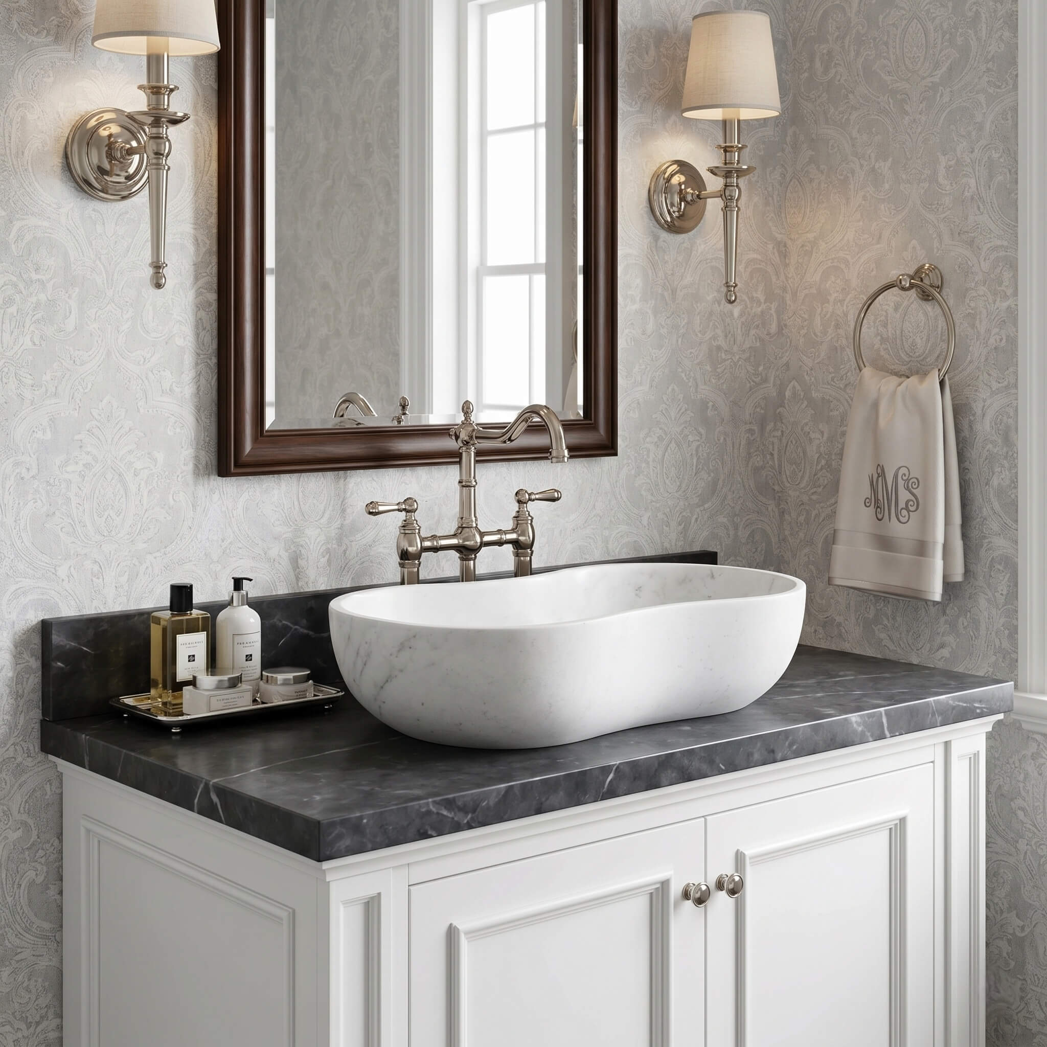 Eye-level shot of the wavy marble sink on a dark heavily veined marble counter. Features a classic, ornate polished nickel faucet, damask wallpaper, and matching wall sconces. Glamorous and traditional design.