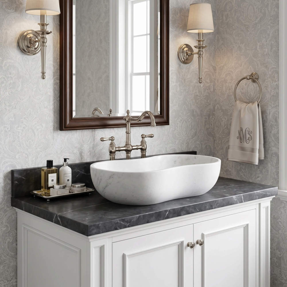 Eye-level shot of the wavy marble sink on a dark heavily veined marble counter. Features a classic, ornate polished nickel faucet, damask wallpaper, and matching wall sconces. Glamorous and traditional design.