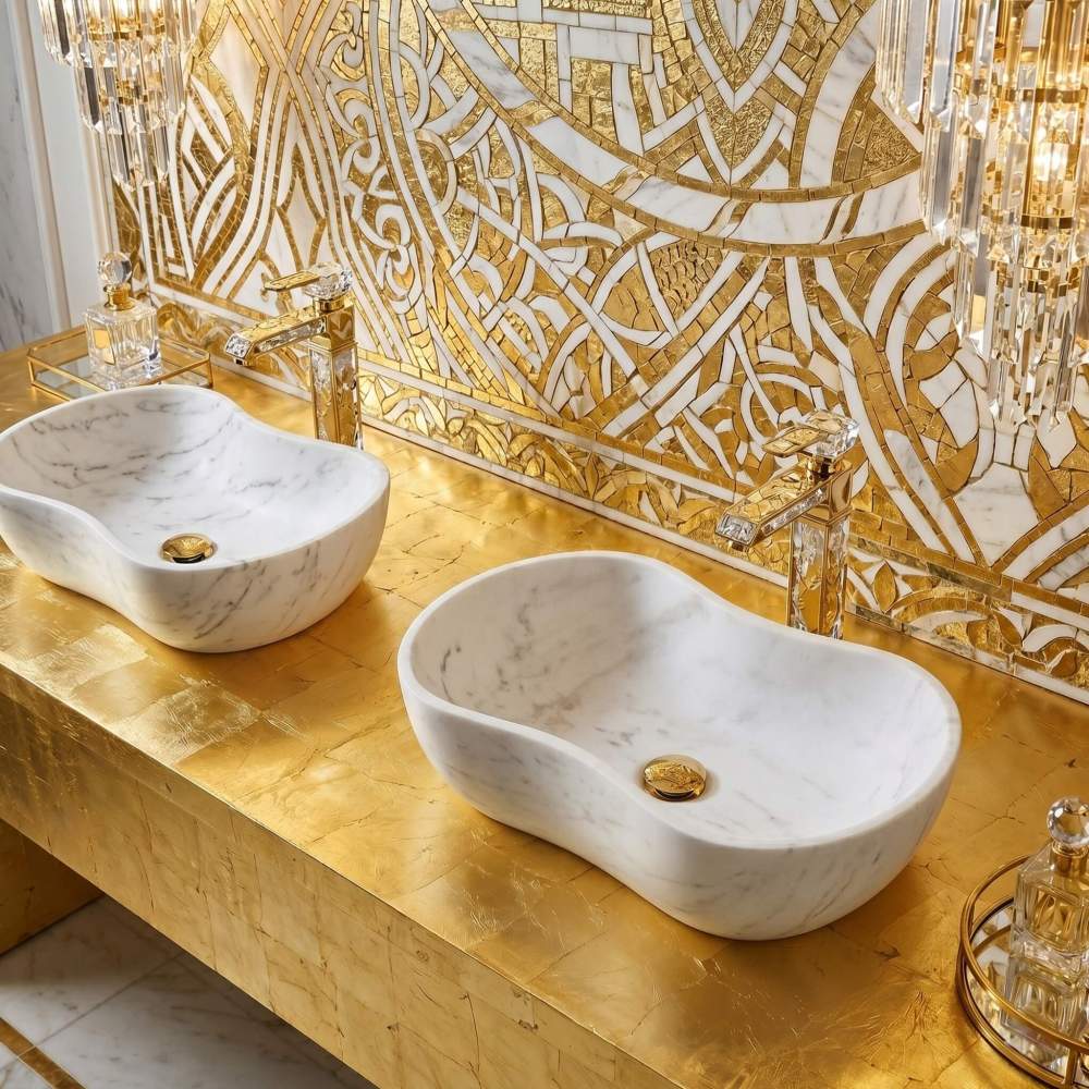 Two veined white marble wavy vessel sinks on a gilded gold-leaf foil vanity top, backed by a complex geometric interlocking white marble and polished gold mosaic art wall.