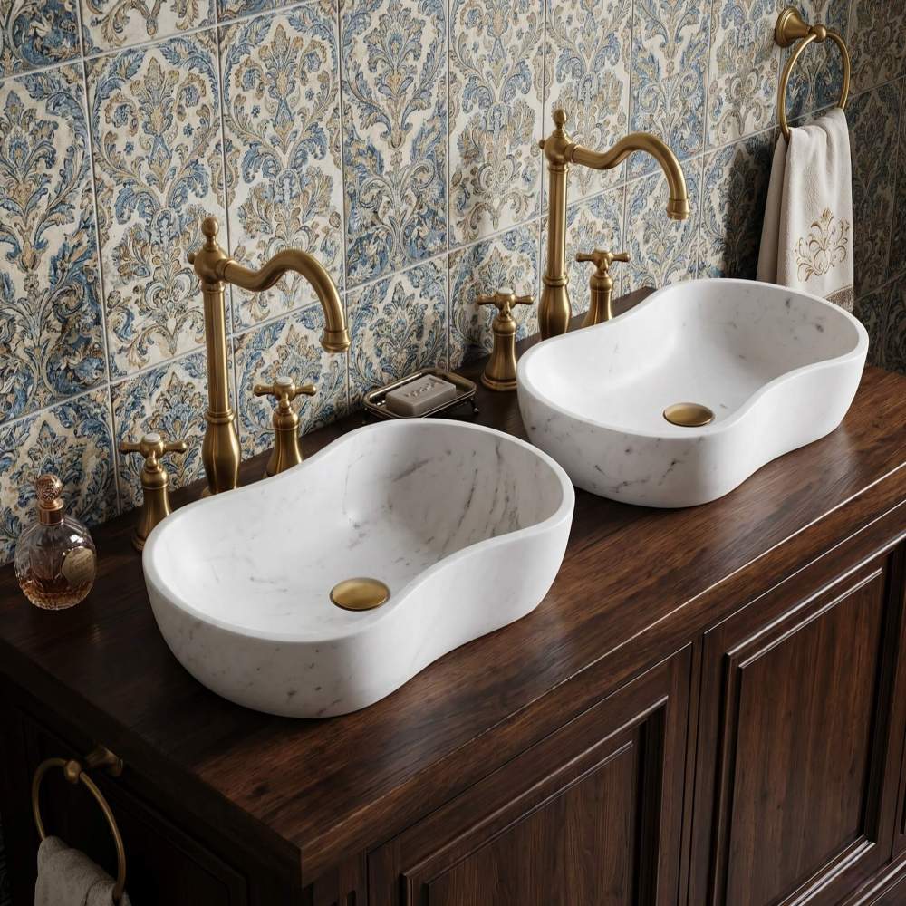 Double vanity installation featuring two honed white marble wavy sinks on a dark wood counter, paired with antique brass cross-handle faucets against blue and gold damask wall tiles.